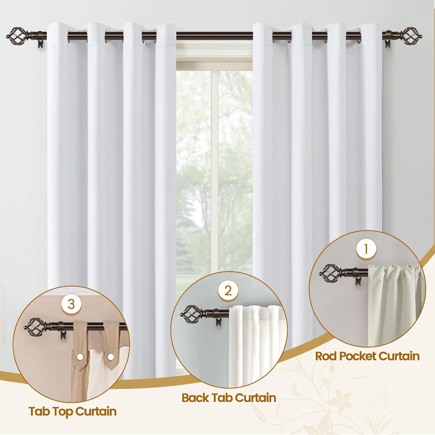 KAMANINA Bronze Curtain Rods for Windows 48 to 84 Inch, Adjustable Single Curtain Rod 32 to 86 Inch(2.6-7.1ft), 3/4 Inch Splicing Drapery Rods with Twisted Cage Finial