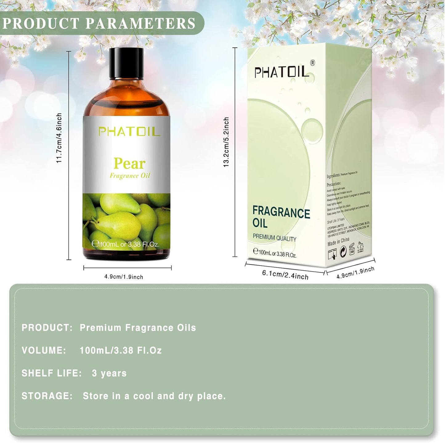PHATOIL 3.38FL.OZ Pear Fragrance Oils for Aromatherapy, Essential Oils for Diffusers for Home, Perfect for Diffuser, Yoga, Skin Care, DIY Candle and Soap Making - 100ml