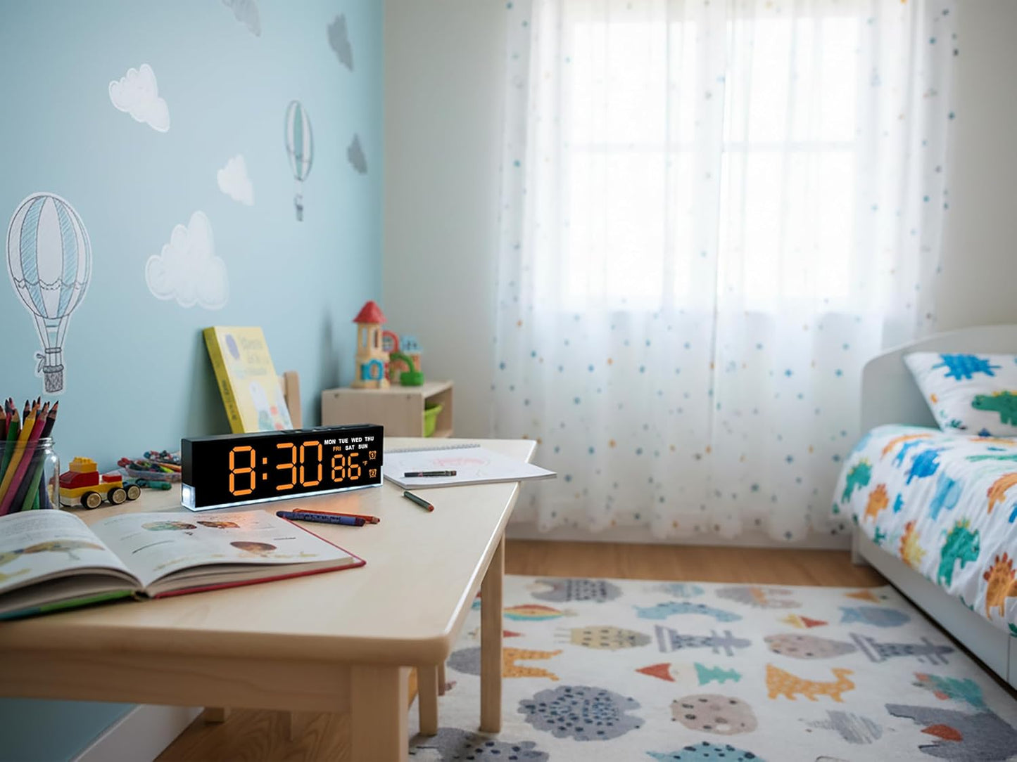 zyzamay 7-Inch Modern LED Digital Alarm Clock with Dual Alarms & Soft Bottom Light|Displays Time, Date, Day, Temperature|3-Level Auto/Manual Brightness,DST, USB or Battery Powered Desk Clock,Orange