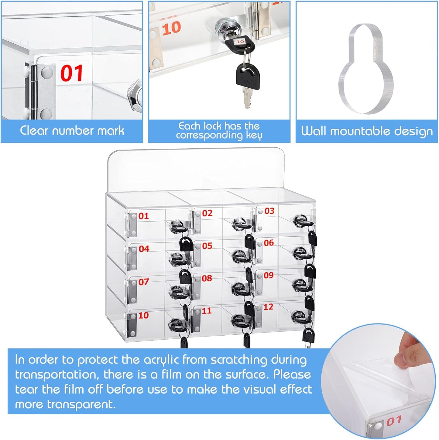 Threan Cell Phone Locker Box for Classroom with Door Locks and Keys Clear Acrylic Phone Jail Storage Cabinet Wall Mounted for School Factory Office(12 Slot)