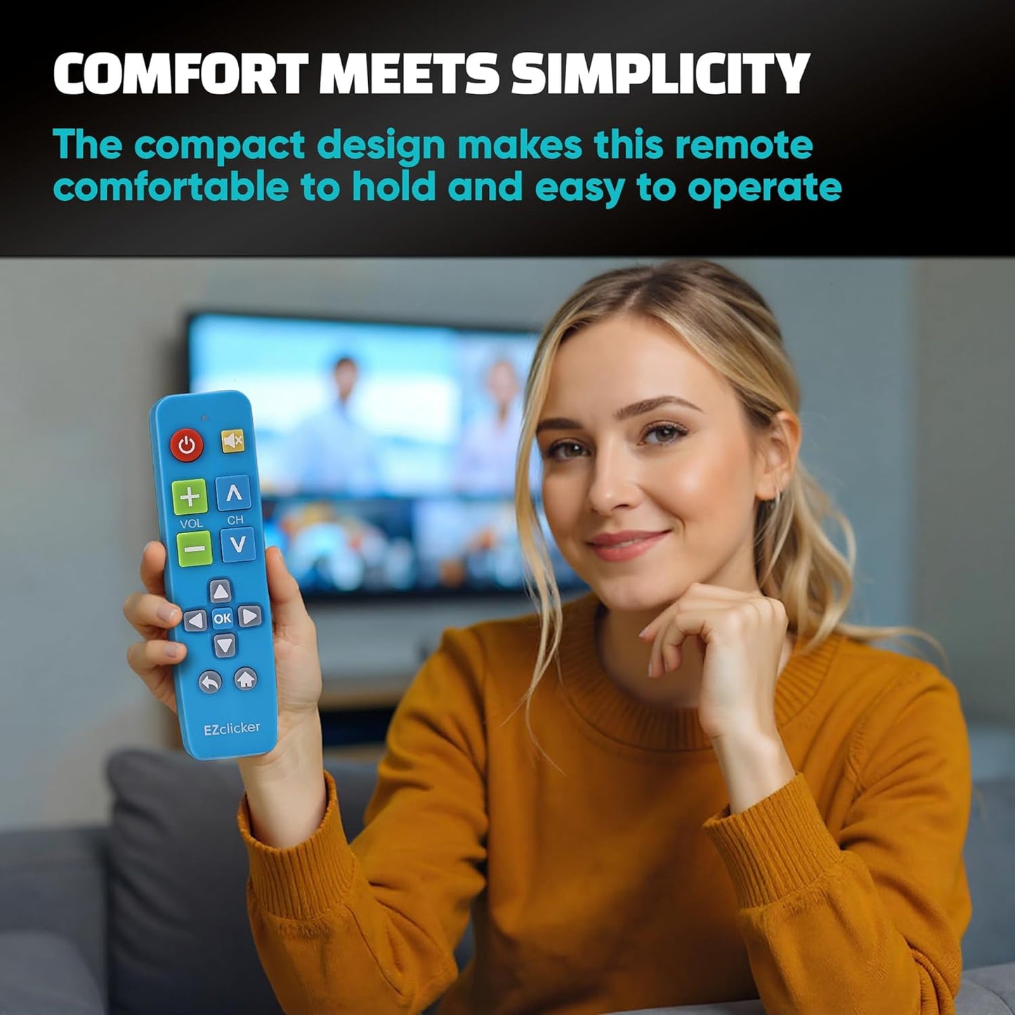 Plus Big Button Universal TV Remote (Blue) Simple Easy to Use, Works with Major TV Brands (2xAAA Batteries Not Included)