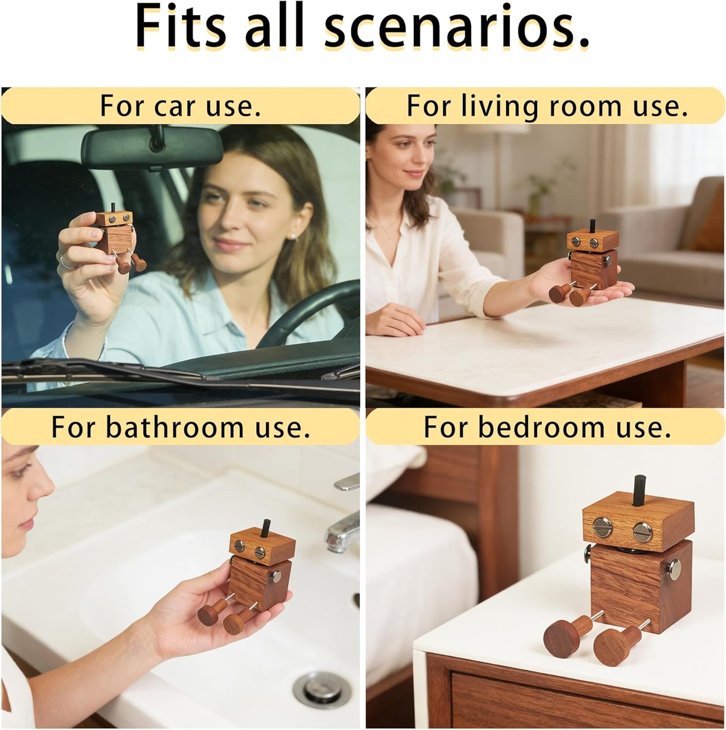 Scented Wooden Man Figurine - Magnetic Aroma Diffuser Doll for Car Vent & Dashboard, with Built-in Essential Oil Storage & Absorbent Stick, Funny Dancing Decor for Car and Desk, Brown