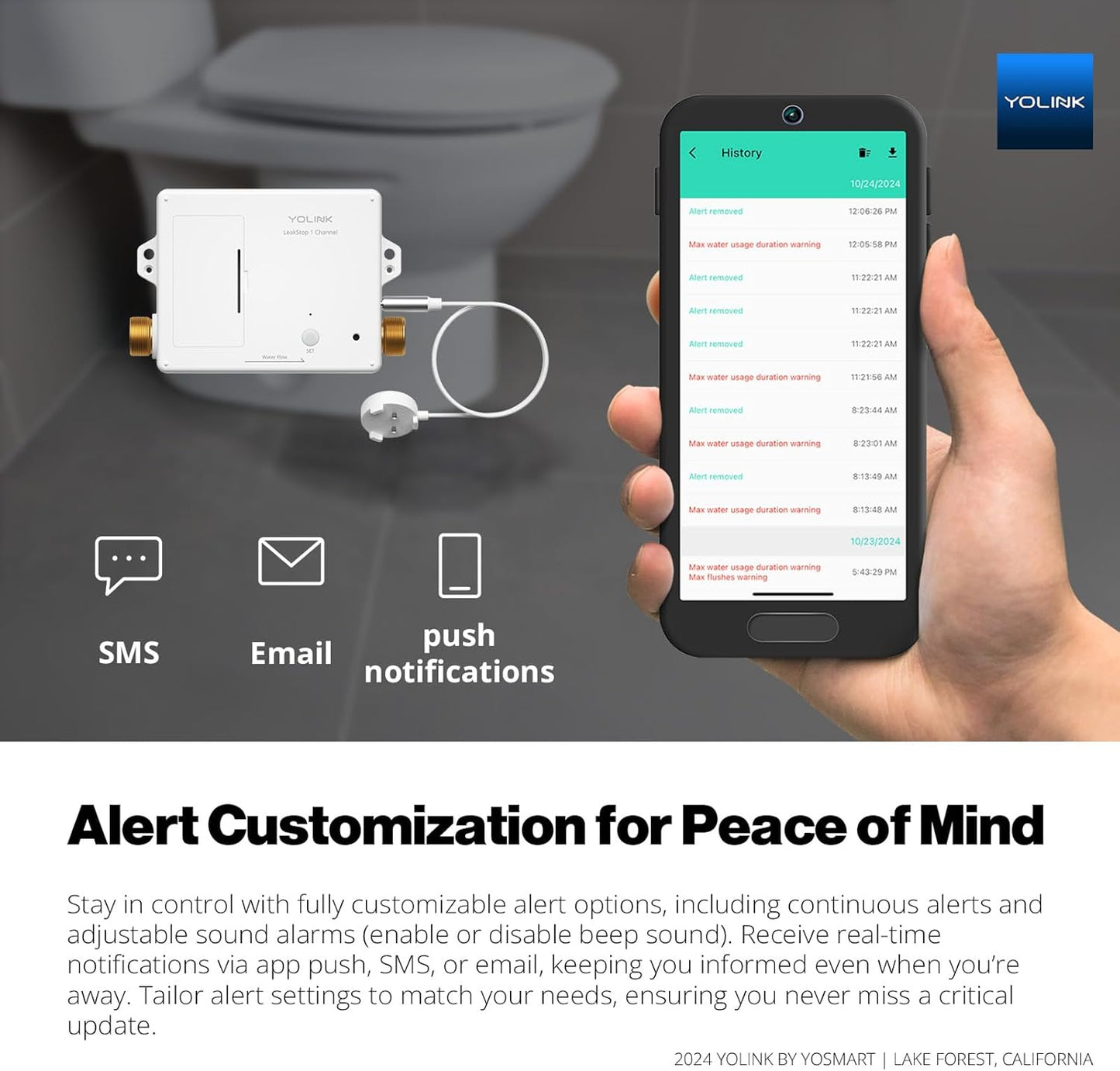 YoLink LeakStop 1-Channel for Toilets/Sinks, Auto Shutoff Valve & Leak Detector, Real-Time Monitoring, LoRa Long-Range, 2 AA Up to 5-Year Battery, App/SMS/Email Alerts – Hub Included