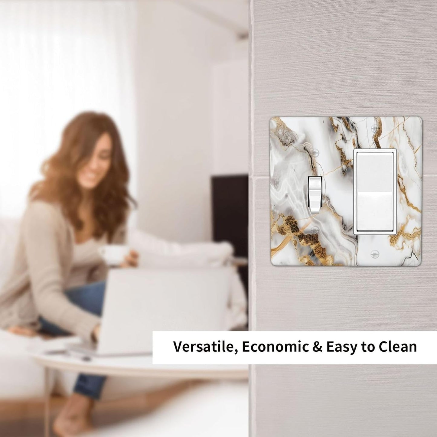 Luxurious Marble Abstract White Gold Tile Modern Simplicity Outlet Covers 1 Toggle 1 Rocker Combination Decorative Wall Plate Electrical Switch Plates Light Switch Cover Plate for Bathroom Kitchen