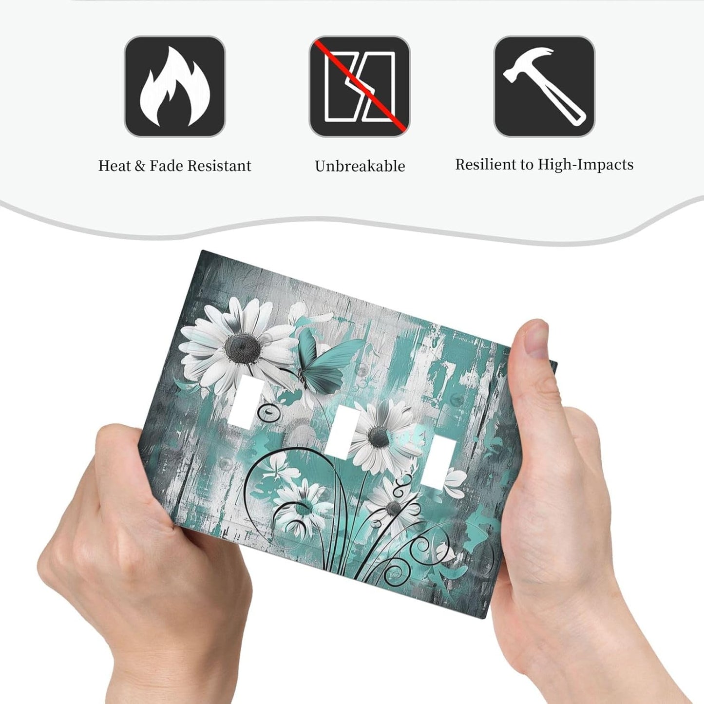 Decorative Switch Plates Teal Daisy Floral Vintage Wood Plank 3 Gang Wall Plate Triple Toggle Light Switch Cover Faceplate Electrical Wall Panels For Farmhouse Cabin Decor
