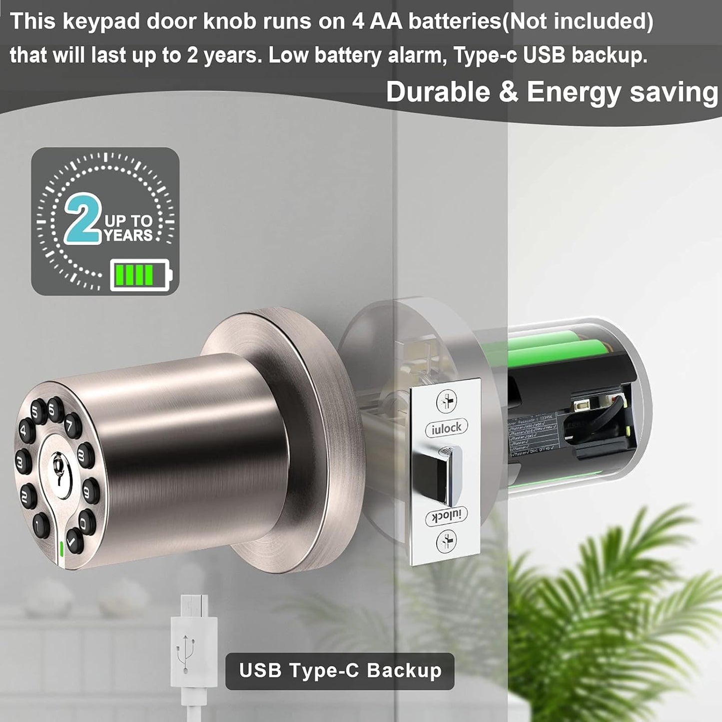 IU-20 Code Door Lock, Electronic Door Knob with Keypad and Key, Auto Lock, Waterproof, Passage Function, Long Battery Life,50 Codes, Easy to use and Install for Office/Warehouse/Bedroom/Garage