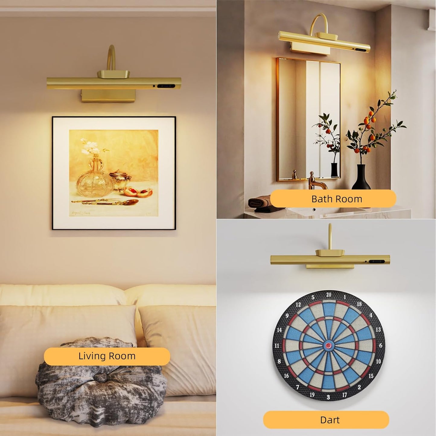 13.8inch Battery Operated Wireless Picture Light,Remote Control Painting Display Lights, Rechargeable Wall Lights with Three Modes and Power Display for Art Frame (13.8in Gold-2set)