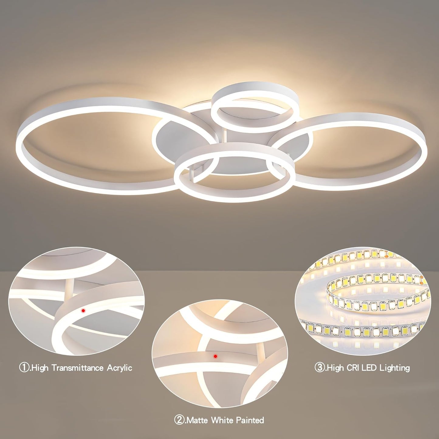 O'NEELDY Modern Light Fixtures Ceiling Flush Mount Modern Led Ceiling Lights 5-Light Dimmable Led Chandelier White Lamp with Remote for Bedroom Living Room Kitchen Dining Room, 100W