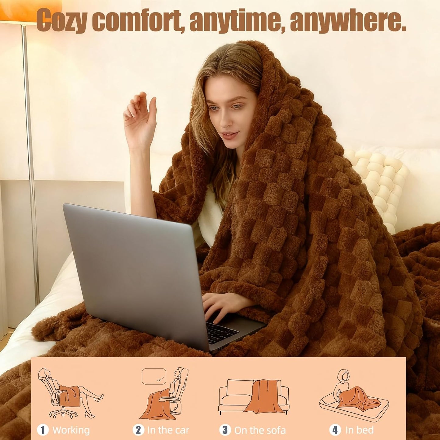 Electric Blanket 50" x 60" Soft Ribbed Faux Fur Flannel Quick Heat 12 Heat Levels 1-12 Hour Timer & Overheat Protection & Auto Shut Off & ETL FCC (Brown, Throw 50" x 60")