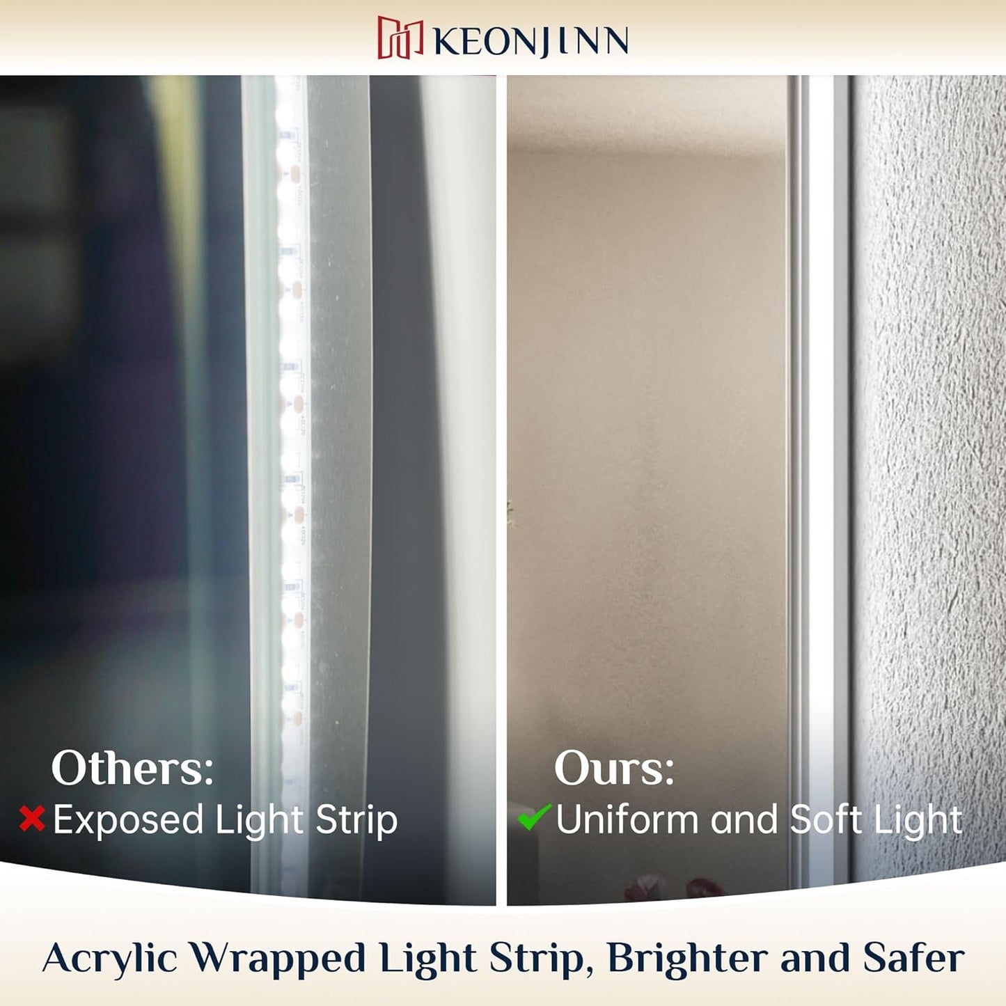 Keonjinn Backlit Mirror Bathroom 48” x 30”, Anti-Fog Mirror with Lights, CRI90+ HD Tempered Glass, Waterproof, UL Listed, Stepless Dimmable LED Mirrors for Bathroom, High Lumen, 6000K Bright