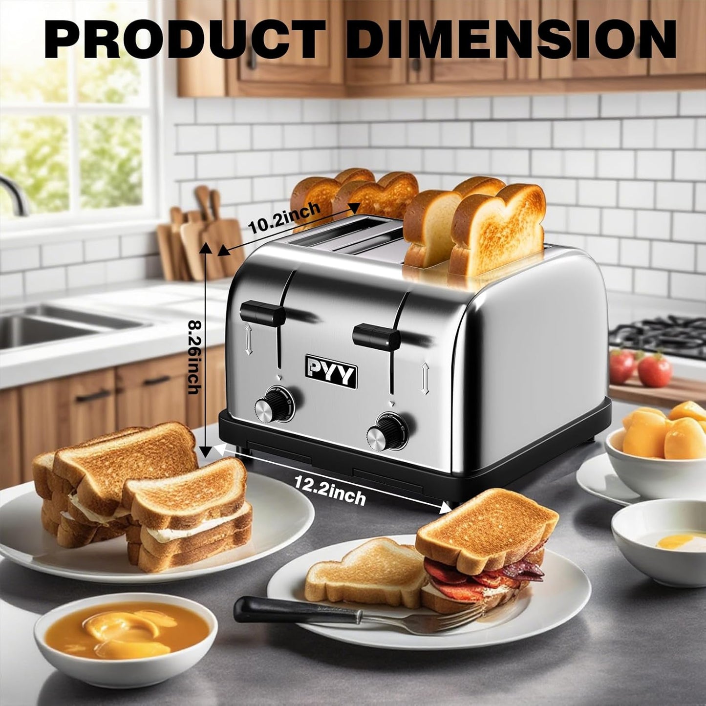 PYY Commercial Toaster 4 Slice for Restaurant - Wide Slots 1.57 inch Stainless Steel 6-Level Setting, with Removable Crumb Tray, 225 Slices/Hour 1800W - Bread, Bagels, Breakfast, Toast