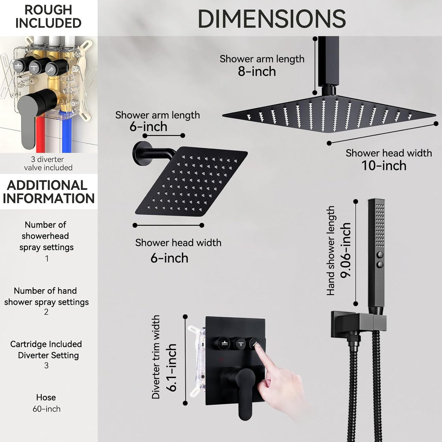 Shower Faucet Sets Shower System, 2 Head Shower System Rain Showerhead for Two People, Ceiling Mount Shower Fixtures with On Off Button Valve Body and Trim Kit Complete, 10+6" Matte Black