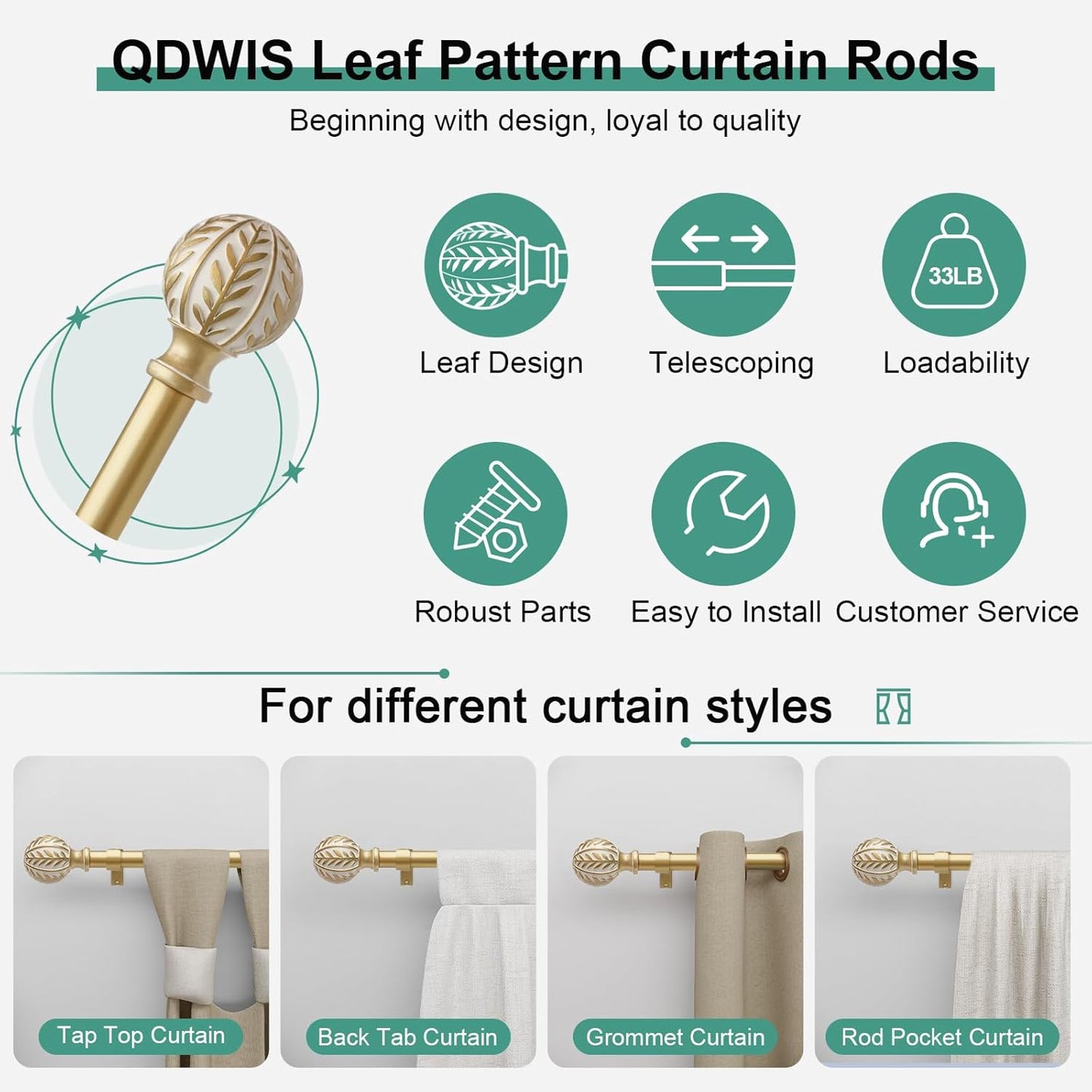 Gold Curtain Rods for Windows 66 to 120 inch,1" Adjustable Heavy Duty Window Curtain Rod Leaf Finials,Rustic Decorative Drapery Rods Set,Size:36-120''