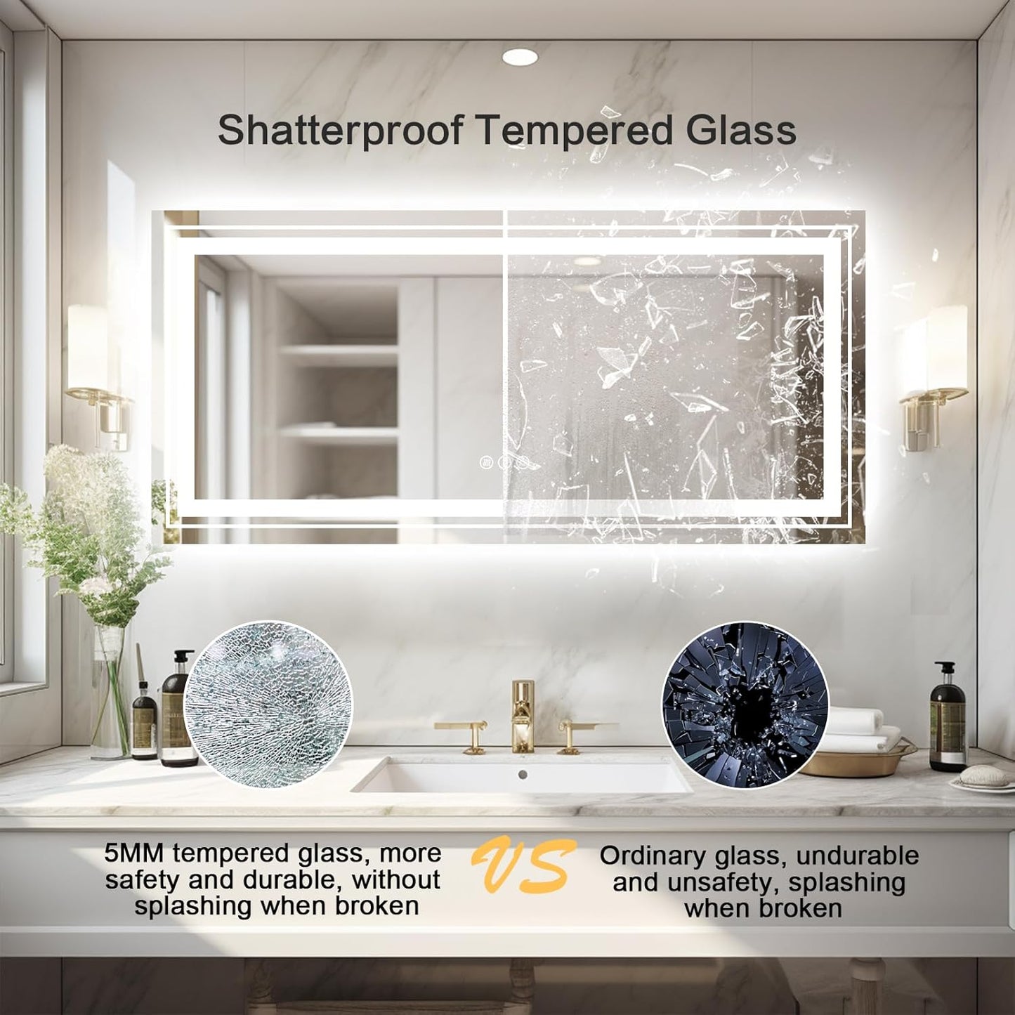 WTTY LED Bathroom Mirror 72''x40'' with Front and Backlight, Large Dimmable LED Vanity Wall Mirrors, Double LED Bathroom Mirror with Anti-Fog, 3 Colors, Memory Function, Shatter-Proof, ETL Listed
