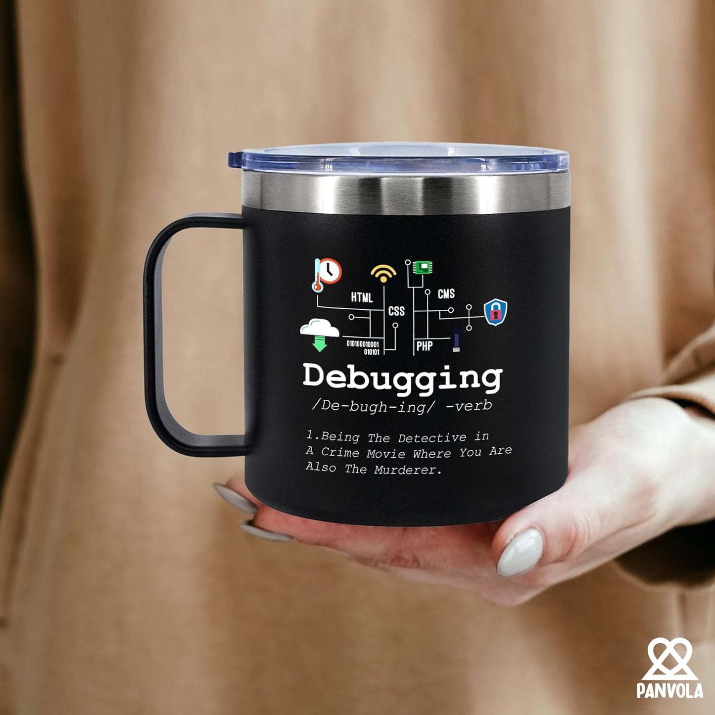 Panvola Debugging Definition Computer Programmer Student Teacher Geek Coder Tech Support Programming IT Insulated Coffee Mug with Handle and Lid Camping Travel Thermal Mugs 14 oz Black