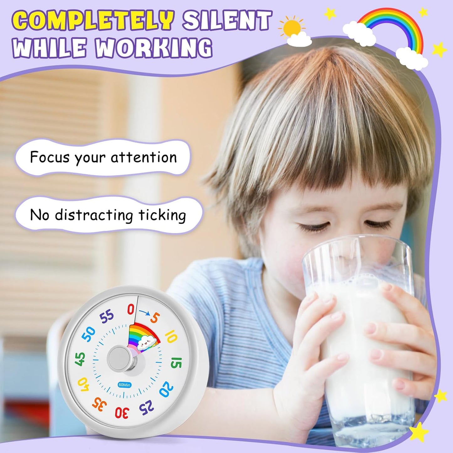 HIPPIH Visual Timer for Kids, 60 Minute Countdown Timers for Classroom Kitchen Office, Rainbow Disk Desk Timer Clock with Silent Operation, Pomodoro Timer Time Management Tools for Toddler ADHD White