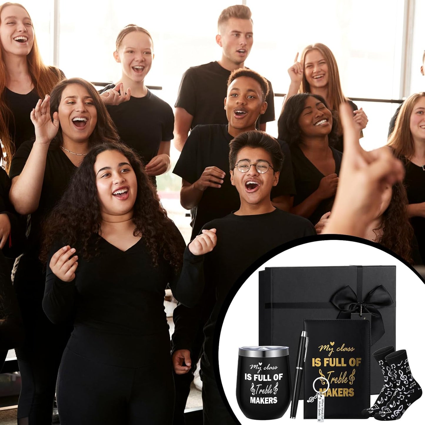 6 Pcs Music Teacher Band Teacher Gifts for Men My Class Is Full of Treble Makers 12 oz Stainless Steel Cup Socks Keychain Pen Notebook Box for Christmas Musicians Musical Lovers Gift