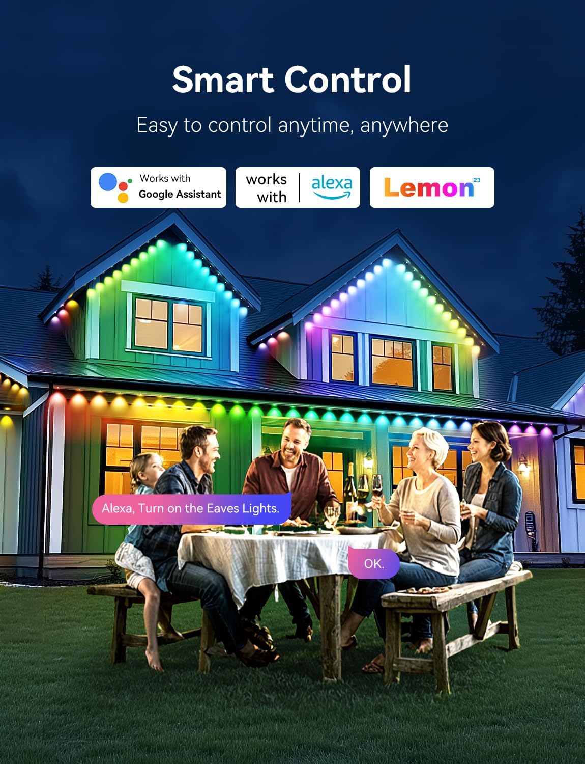 RGB+IC Permanent Outdoor Lights -Smart Eave Lights for House 200ft with 144 LED IP67 Waterproof Eternity Lighting for Daily Decor, Work with Remote, APP, Alexa, Google Assistant