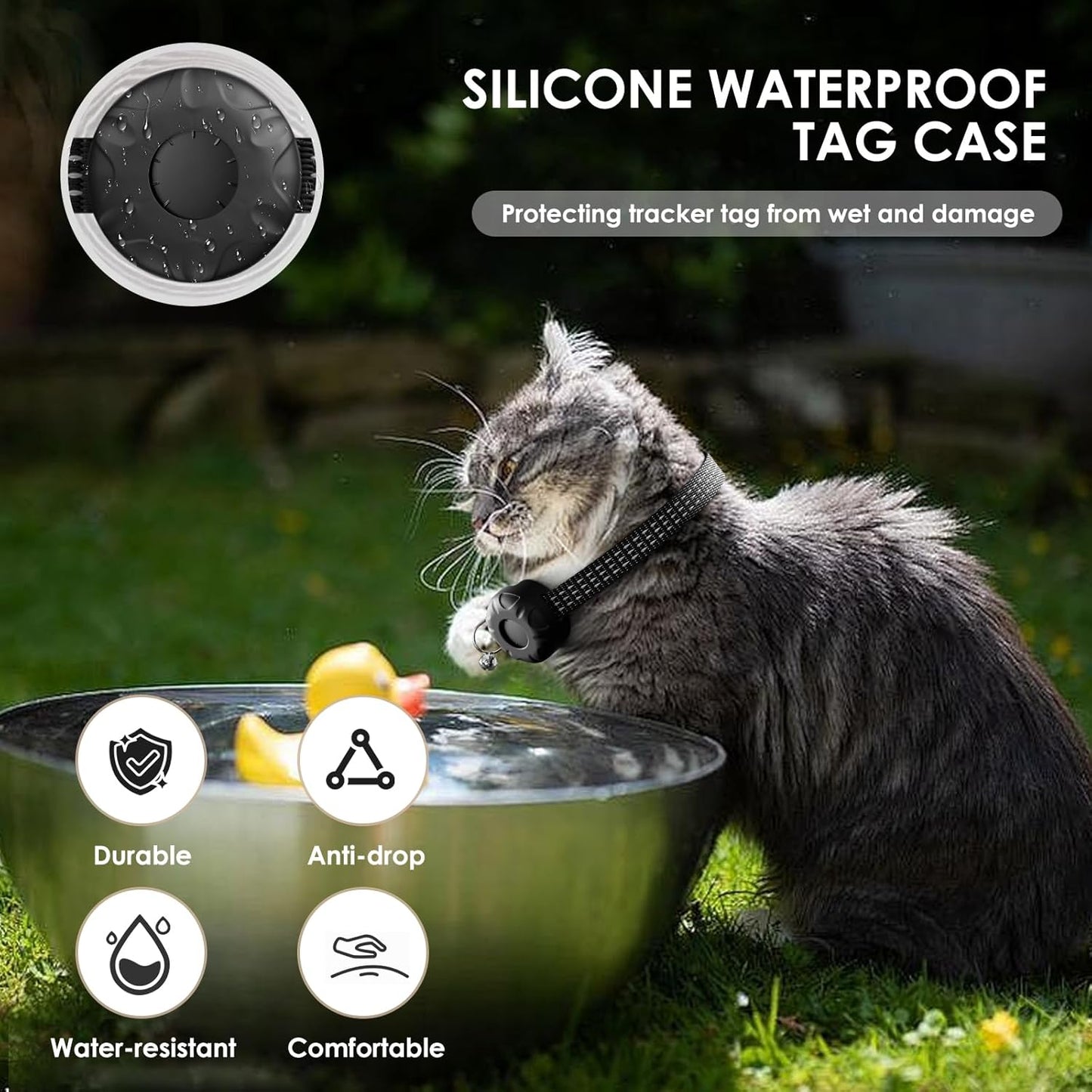 GPS Tracker, Waterproof Pet Tracker for Cats, Cat GPS Tracker Collar with Safety Elastic Buckle, Compatible with Apple Find My App (Only iOS), No Monthly Fee (Black Tracker, Cat Collar)