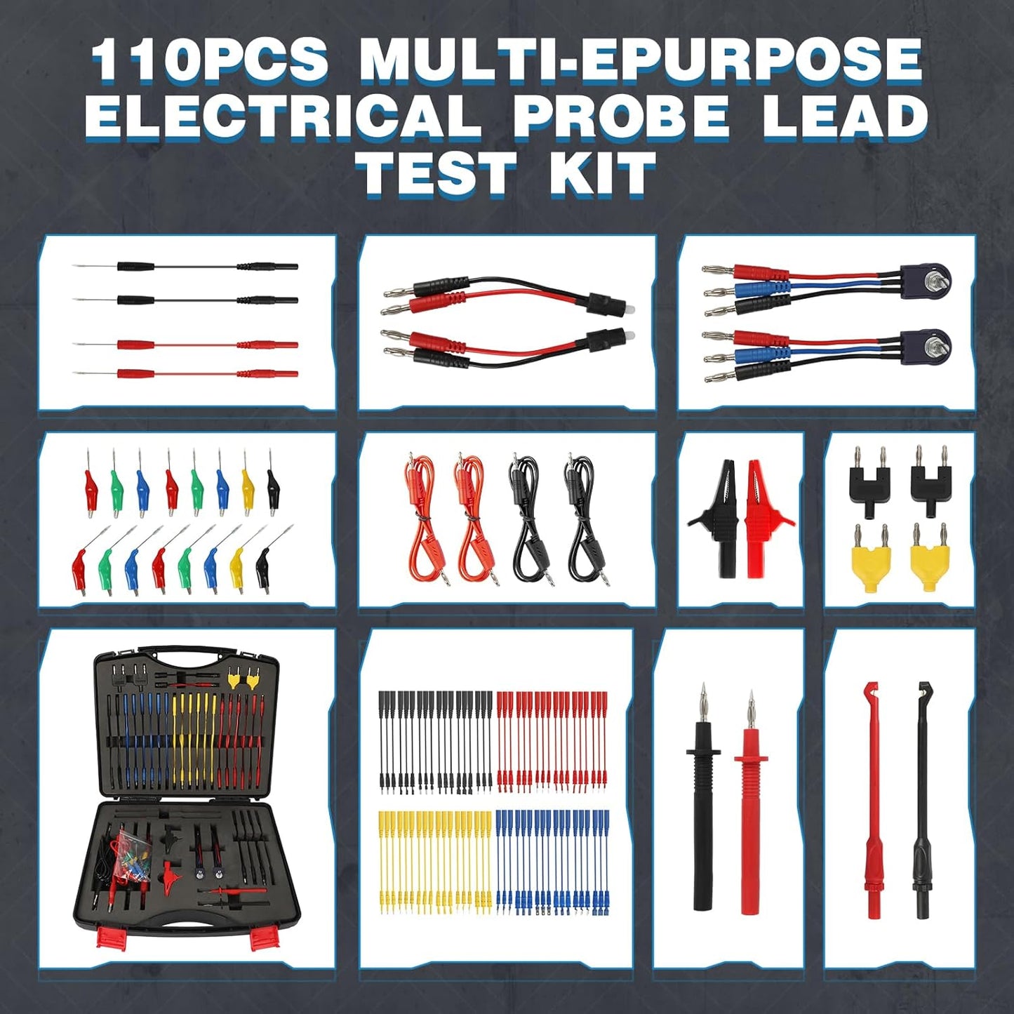 110PCS Automotive Circuit Test Lead Kit, Multimeter Leads Kit,Multi Function Auto Diagnostic Tools with Power Back Probes Test Lead Set Wire Connectors Set with Black Carrying Case,Alligator Clips
