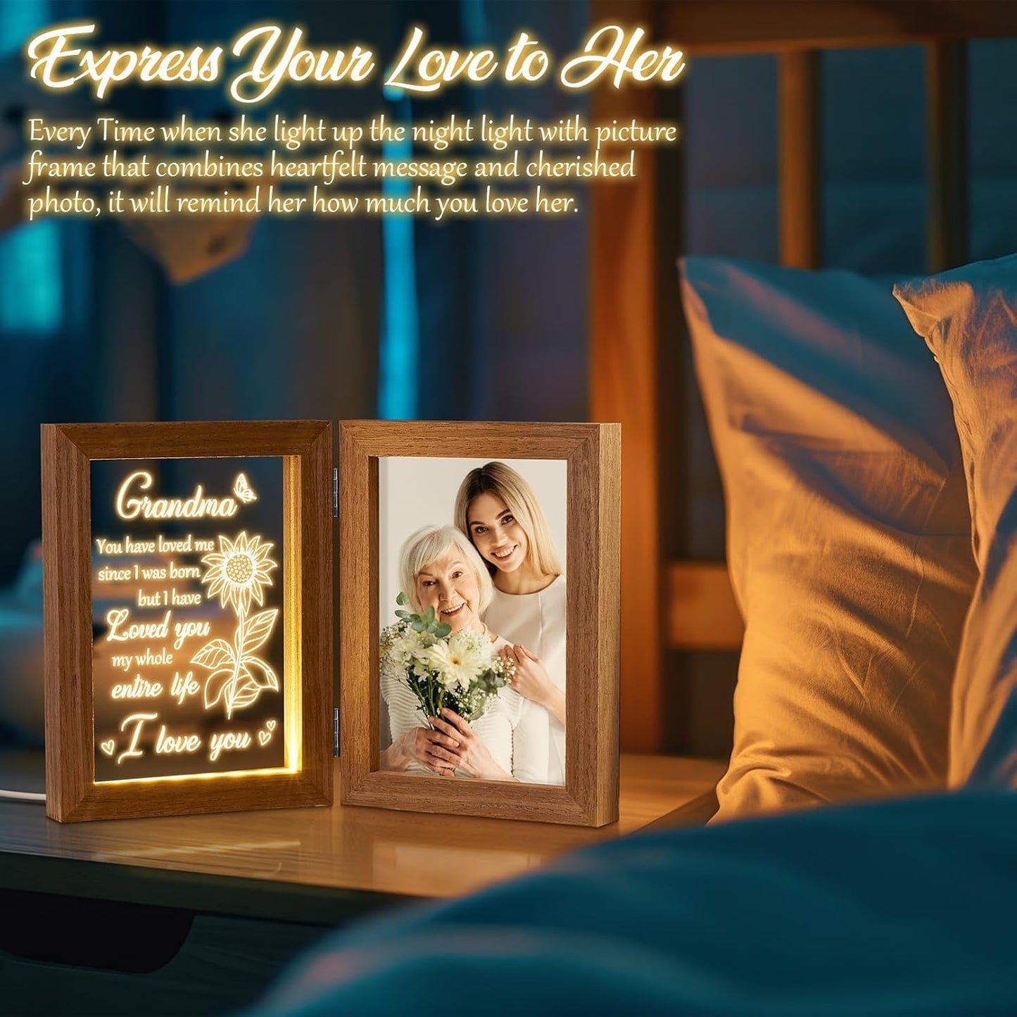 Grandma Gifts Christmas Gifts for Grandma from Granddaughter Grandson Grandkids, Grandmother Picture Frame 5x7 with Night Light Personalized Gift for Nana Grandmother Gigi Granny Mimi Tabletop Display