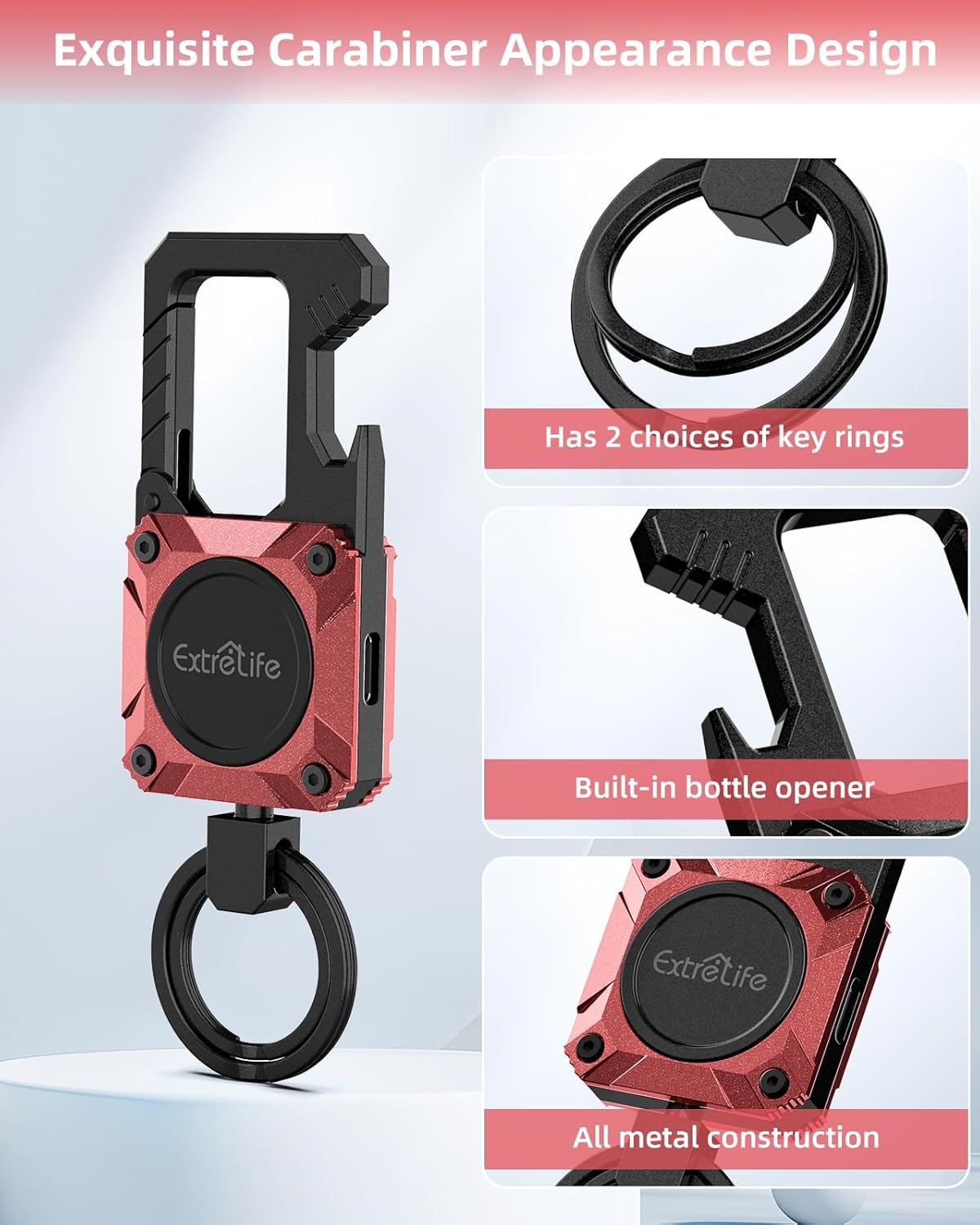 Keychain, Works with Apple Find My, Heavy Duty Key Chain Bottle Opener, Carabiner Car Key Chains with GPS Tracker, Key Finder, Bluetooth Tracker for Luggage, Kids, Bags and More, Rechargeable, Red