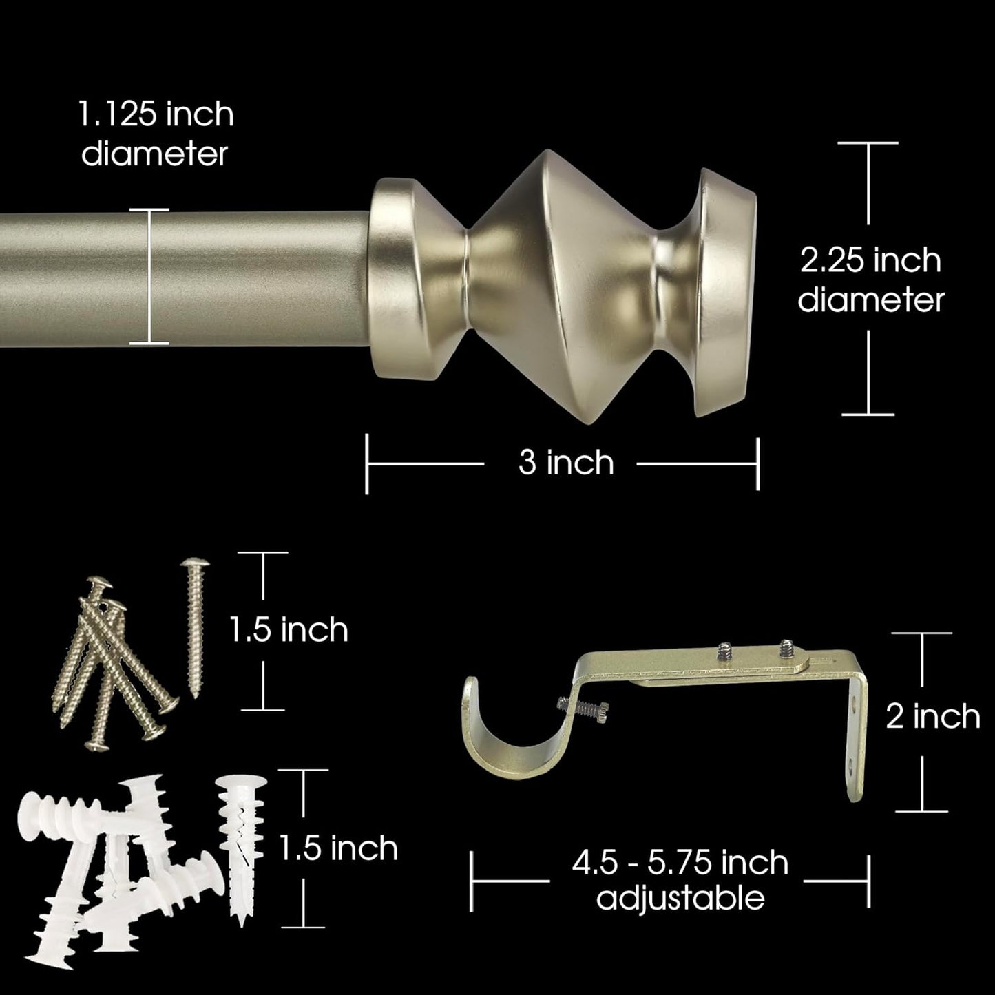 1-1/8 Inch Diameter Champagne Gold Curtain Rods with Modern Geometric Finials, 36-72'' Telescoping Single Curtain Rods for window width 24-68 inch, 1 pack