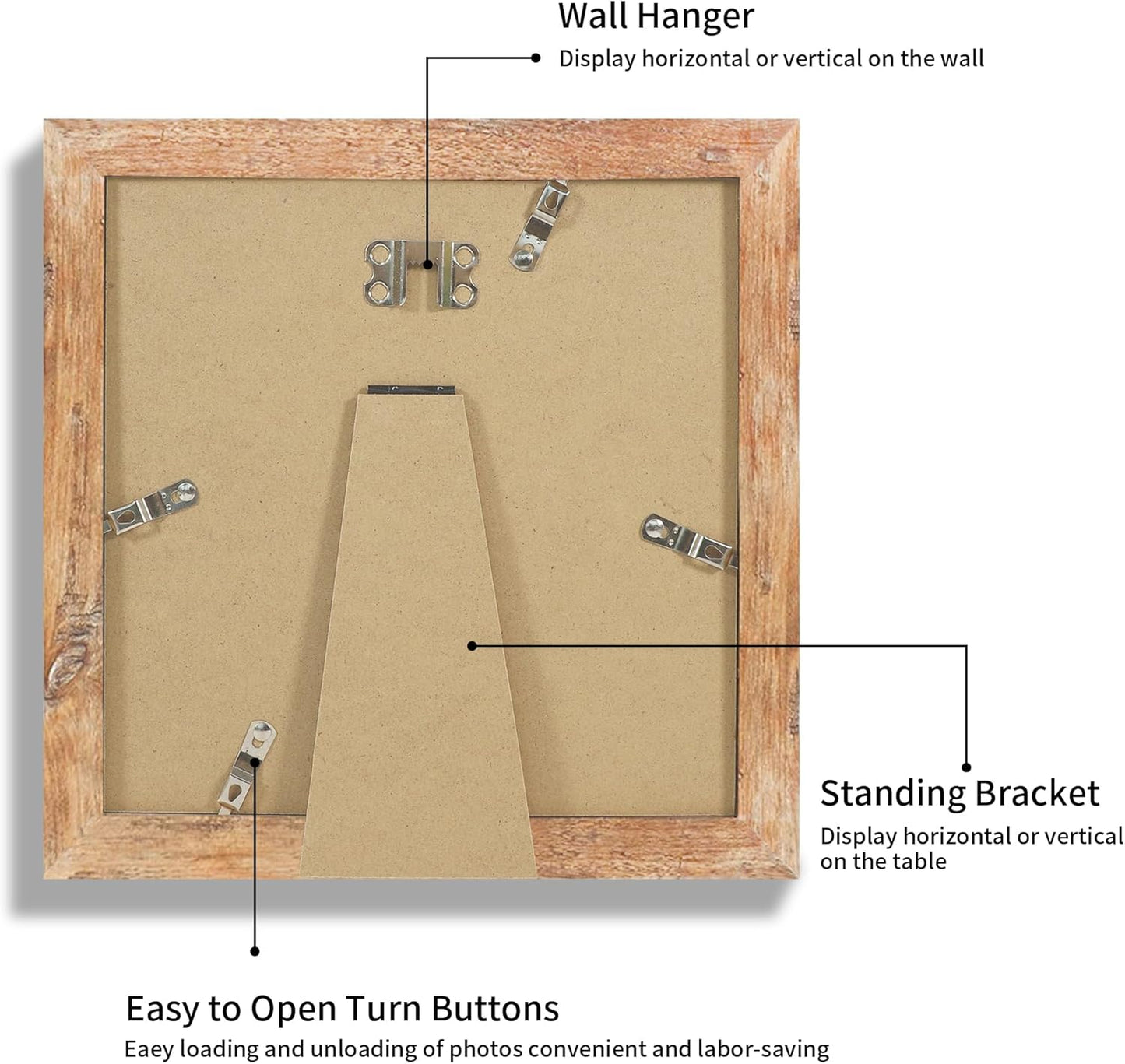iRahmen 8x8 Picture Frame with HD Tempered Glass, Display Pictures 6x6 with Mat or 8 x 8 Without Mat, Wood Photo Frame for Tabletop and Wall (Rustic Brown, 1 Pack)