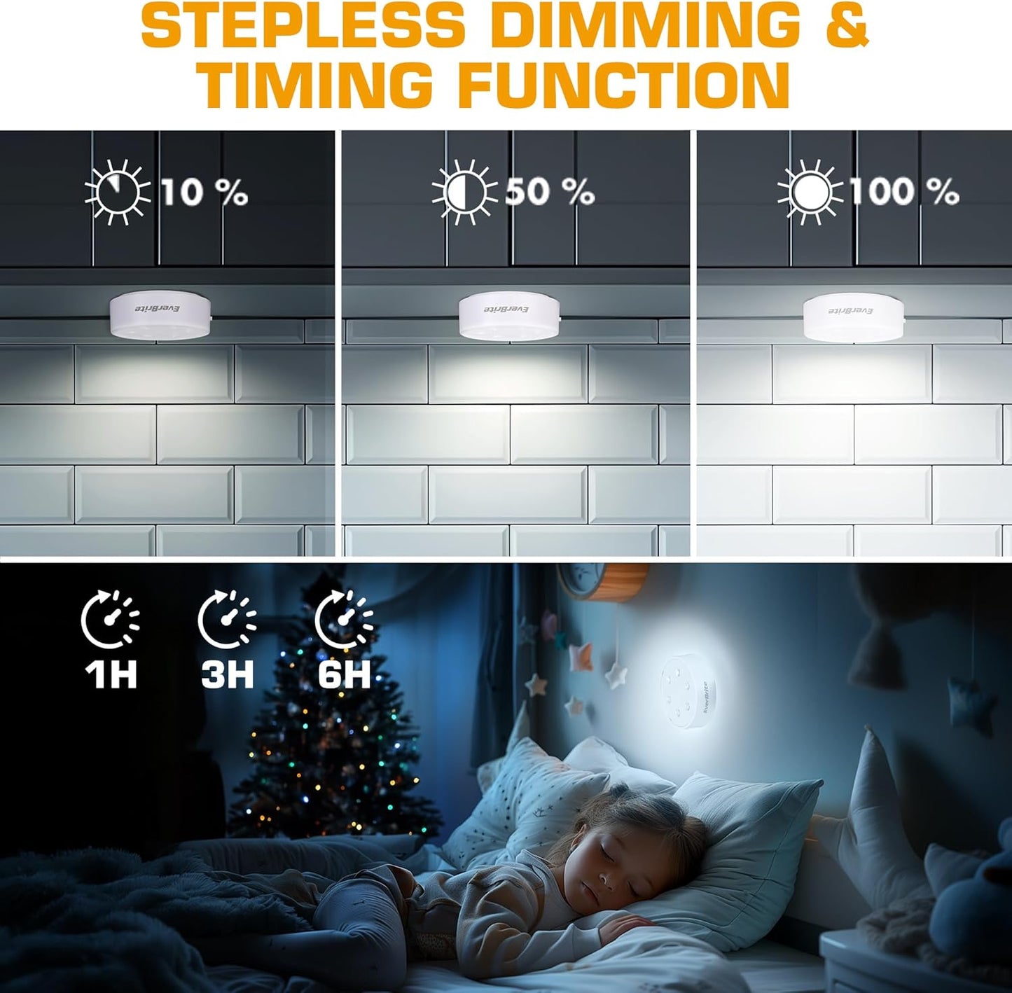 EverBrite Puck Lights With Remote, Rechargeable 2000mAh Linked Sensor Under Cabinet, Two Group Control, 10 RGB Colors, Dimmable for Kitchen, Bedroom Closet (6-Pack)
