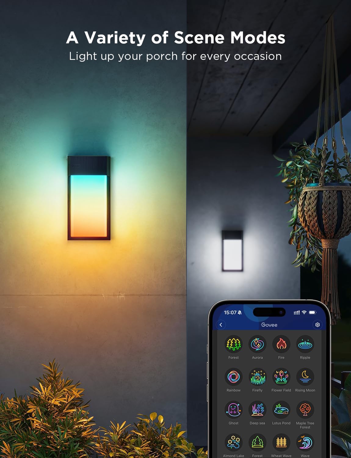 Govee Outdoor Wall Light, 1500LM Smart RGBIC Porch Lights Outdoor with 45 Scene Modes, IP65 Waterproof for Outdoor Decor, DIY, Wall Sconce Works with Alexa, Google Assistant and Matter, 2 Pack