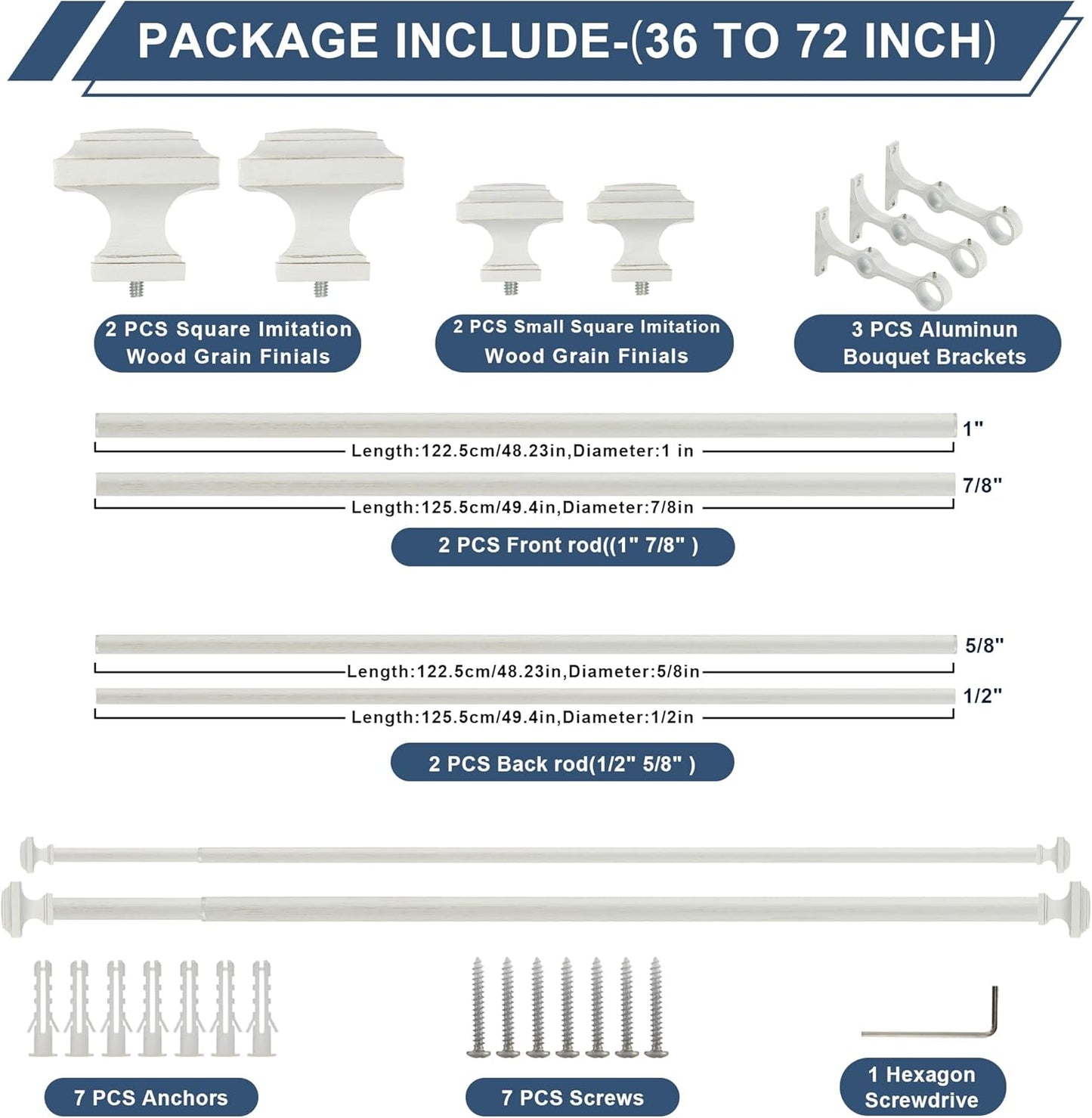 Double Wood Curtain Rods for Windows 36 to 72 Inches,1 Inch Decorative Wooden Curtain Rod with Square Imitation Wood Grain Finials and Double Aluminum Bouquet Bracket, Antique White