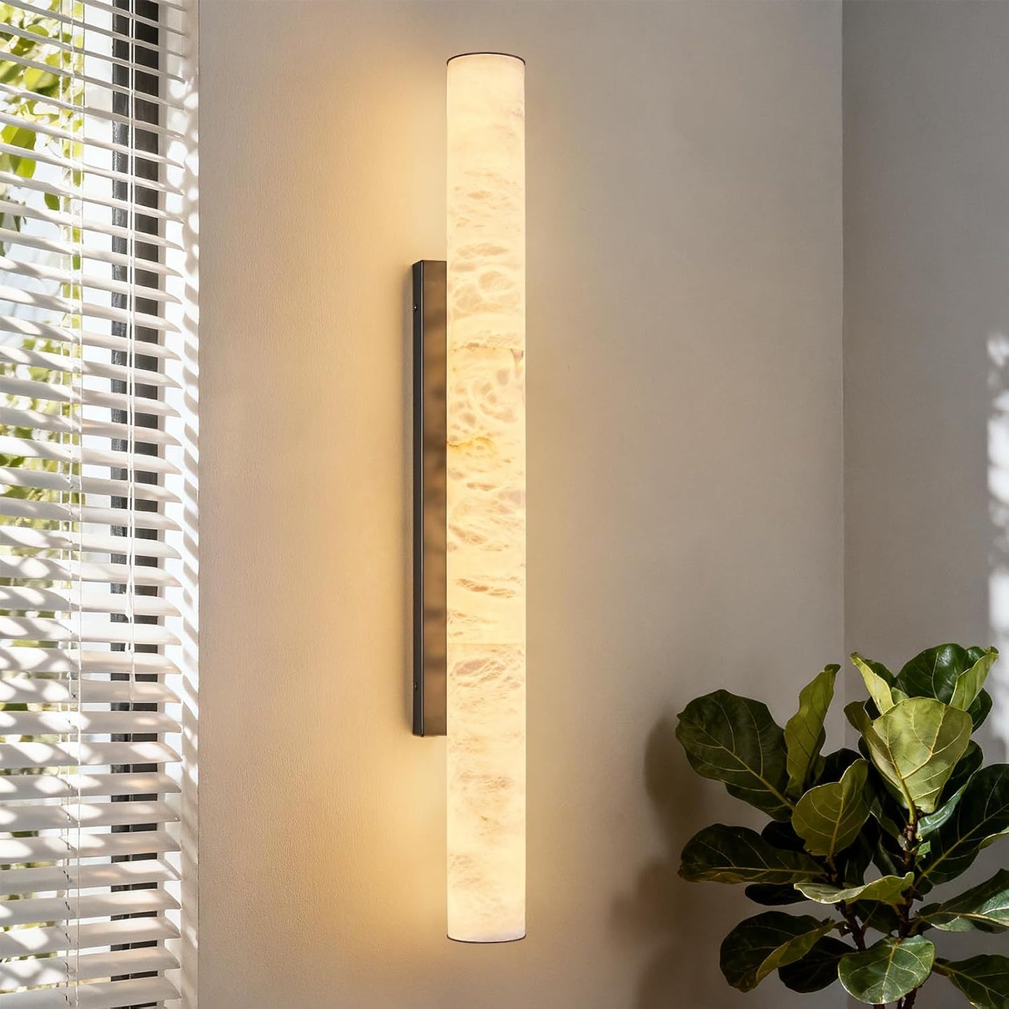 LMQNINE Natural Alabaster Wall Sconces Set of Two Spanish Marble Wall Light Cylinder Modern Black LED Sconce for Living Room Bedroom Bathroo Stairs(L-2Pack)
