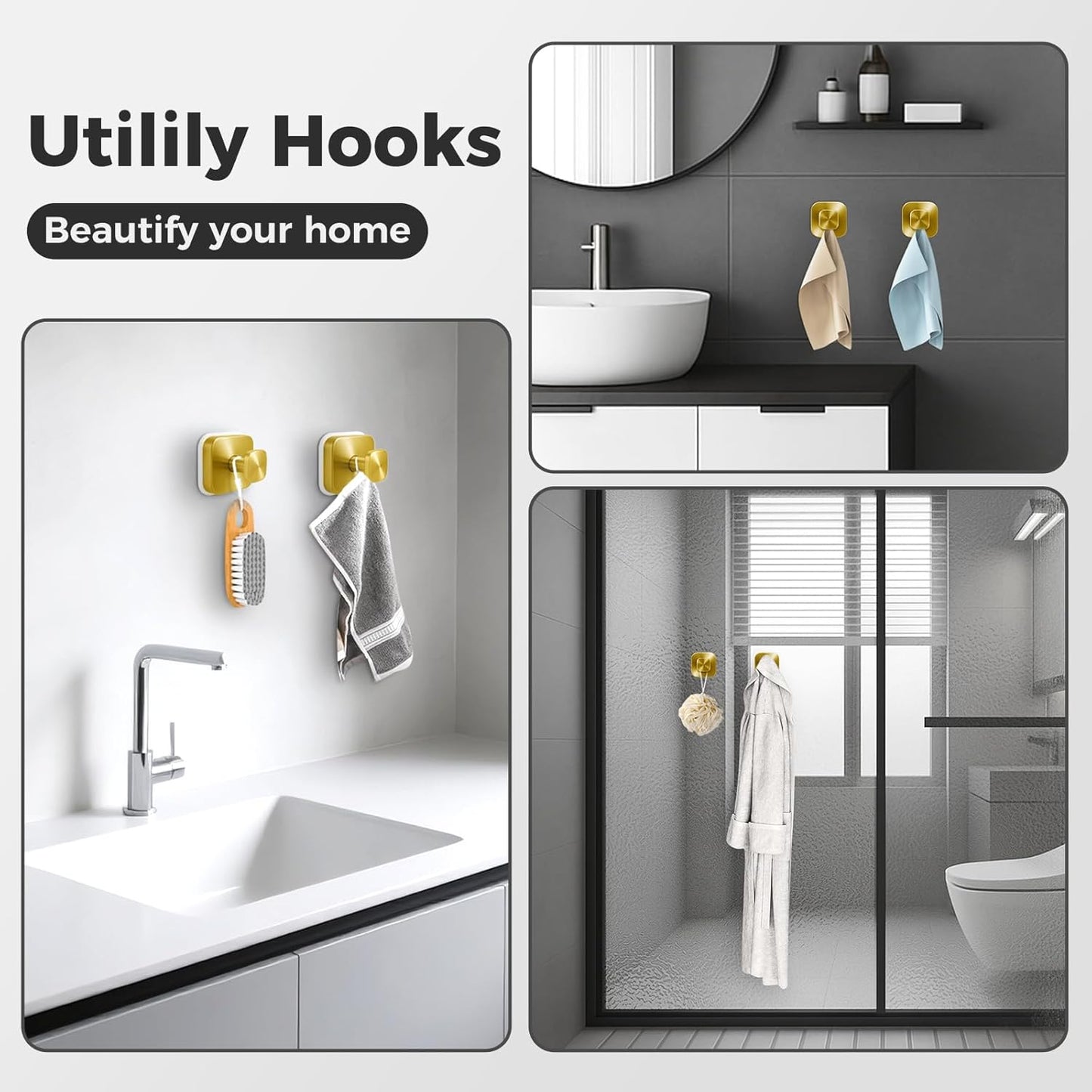Shower Hooks for Inside Shower,Reusable Suction Cup Hooks for Glass Window,Mirror,Removable Towel Hooks for Bathroom,2 Pack(Gold)