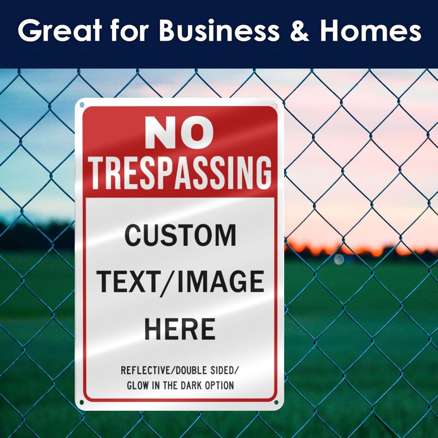 Custom No Trespassing Sign, Glow in the Dark/Reflective Option, 14''x10'' Personalized Aluminum Warning Signs, Customize for Business, Yard, Garden, School, Driveway, Outdoor