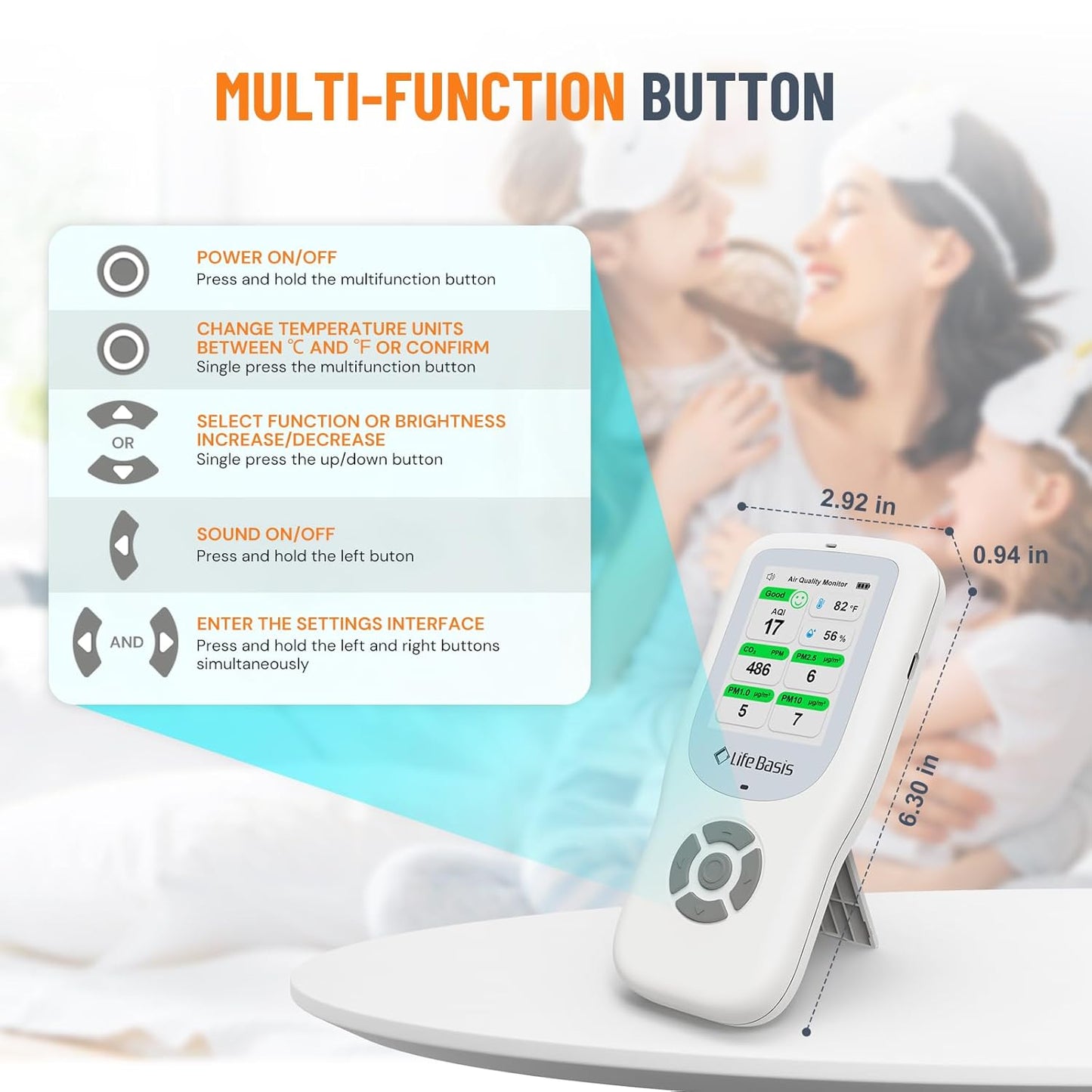 LifeBasis Air Quality Monitor Indoor, 10-in-1 Air Quality Detector with Stand, Real-Time Air Meter Test AQI, PM1.0, PM2.5, PM10, CO2, TVOC, HCHO, Particles, Temperature and Humidity with Alert -White