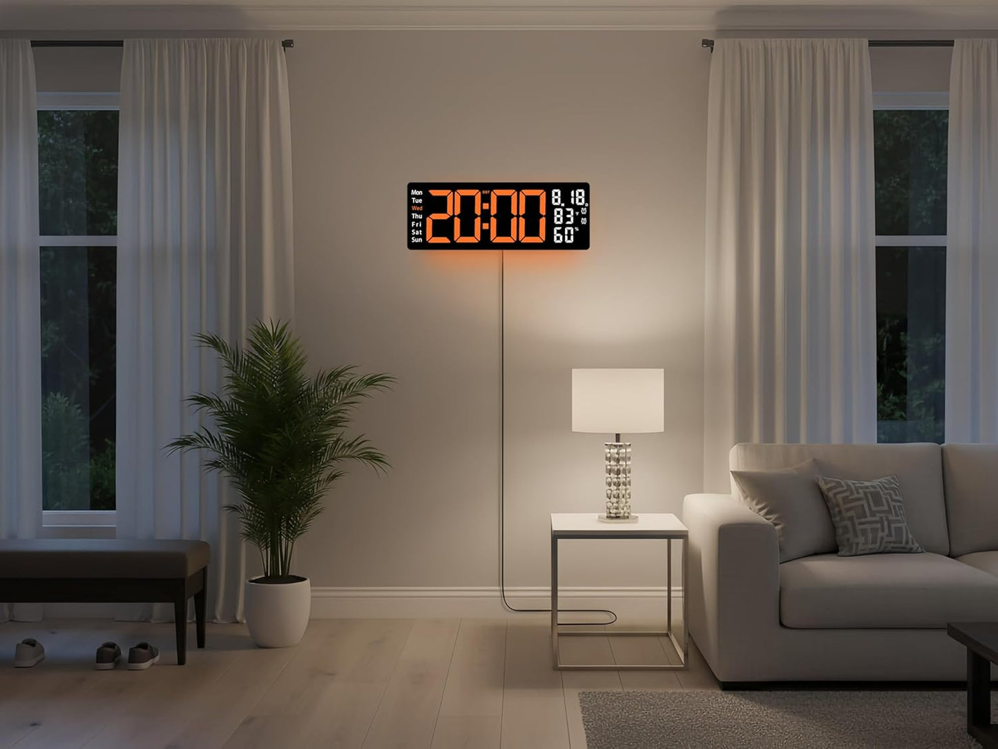 17.5 Inch Orange LED Digital Wall Clock with 8 Ambient Light Colors|Displays Time,Date,Day,Temperature&Humidity,Dual Alarms,Countdown&Stopwatch,DST,10-Level Auto/Manual Brightness|Modern Silent Clock