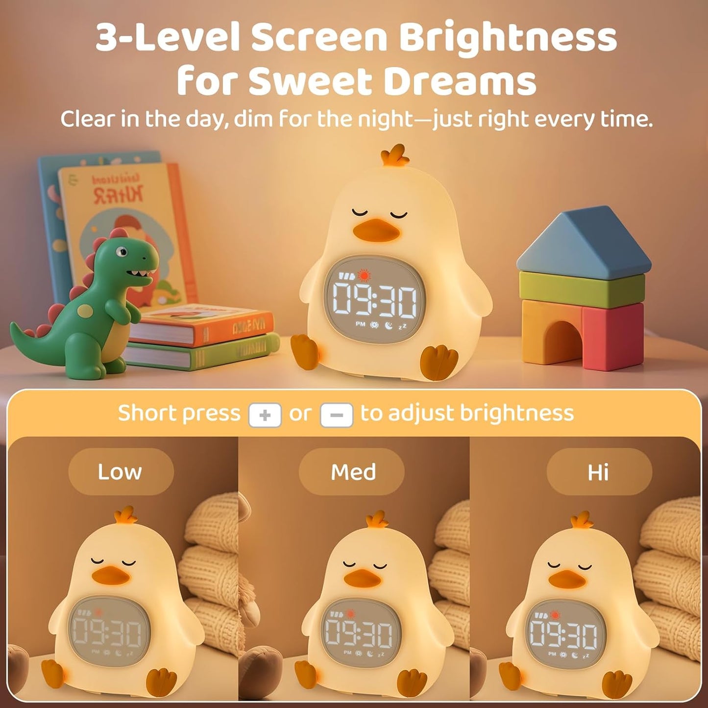 Sleepy Duck Alarm Clock with Night Light for Kids with Sleep Training and Sound Machine, Rechargeable Silicone Lamp OK to Wake Clock,Cute Animal Tabletop Lamp, Perfect Sleep Companion for Boys Girls