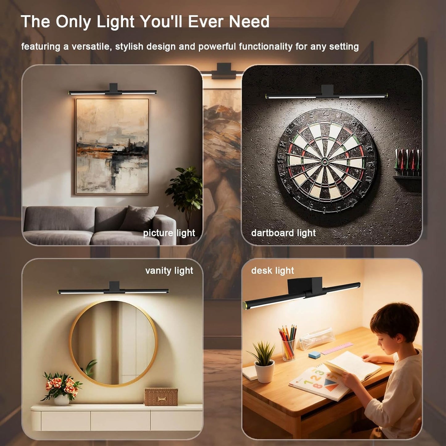Picture Lights for Wall Battery Operated, Rechargeable Wireless Lights for Pictures on Wall with 3 Color Dimmable Remote for Painting Gallery Dartboard Poster Bedroom Frame Art Decor - Black 24 inch
