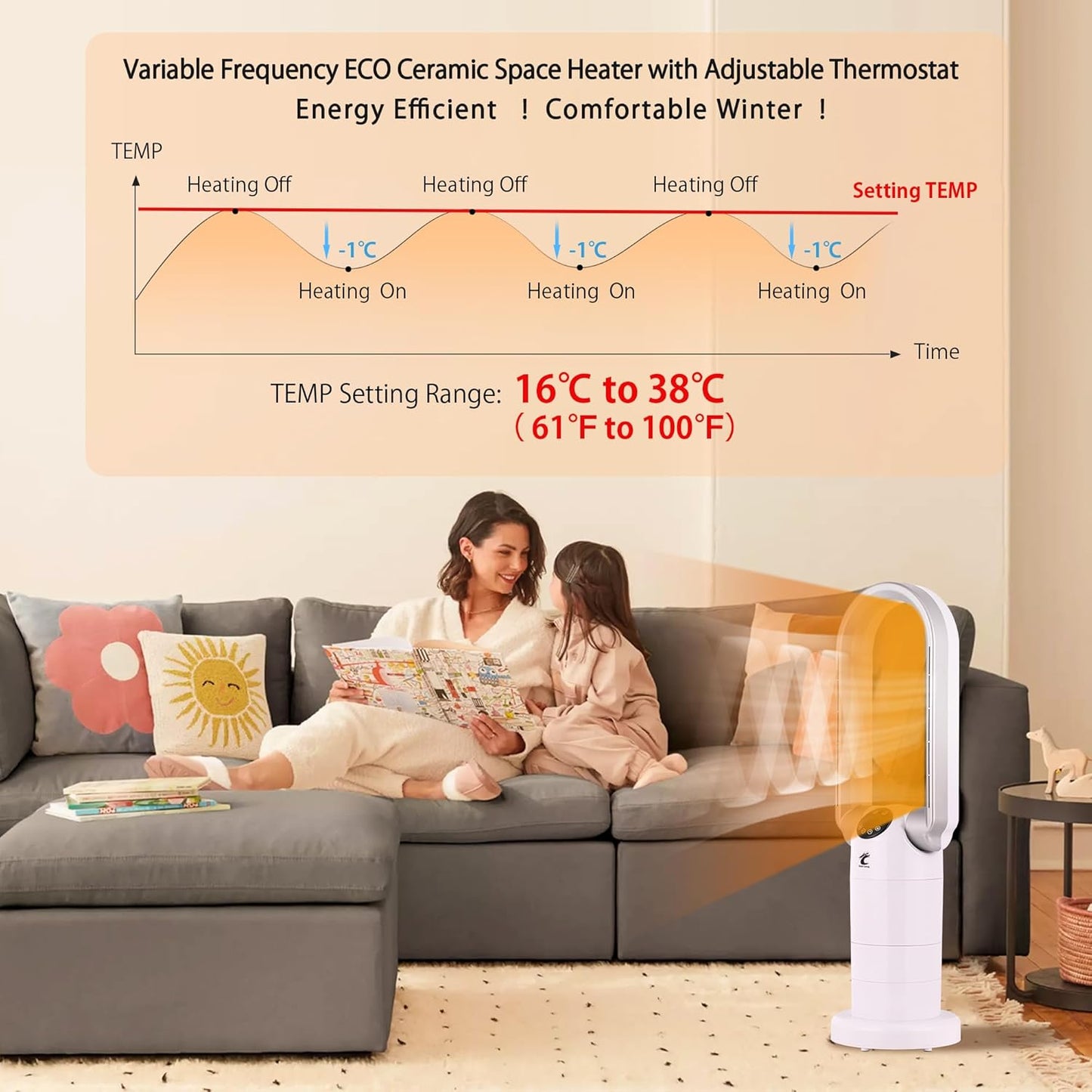 Ocean Loong 1500W Bladeless Tower Fan & Space Heater Combo for Home with Remote Control Timer Oscillation Tip-Over Switch and Adjustable Thermostat, 29” Silver