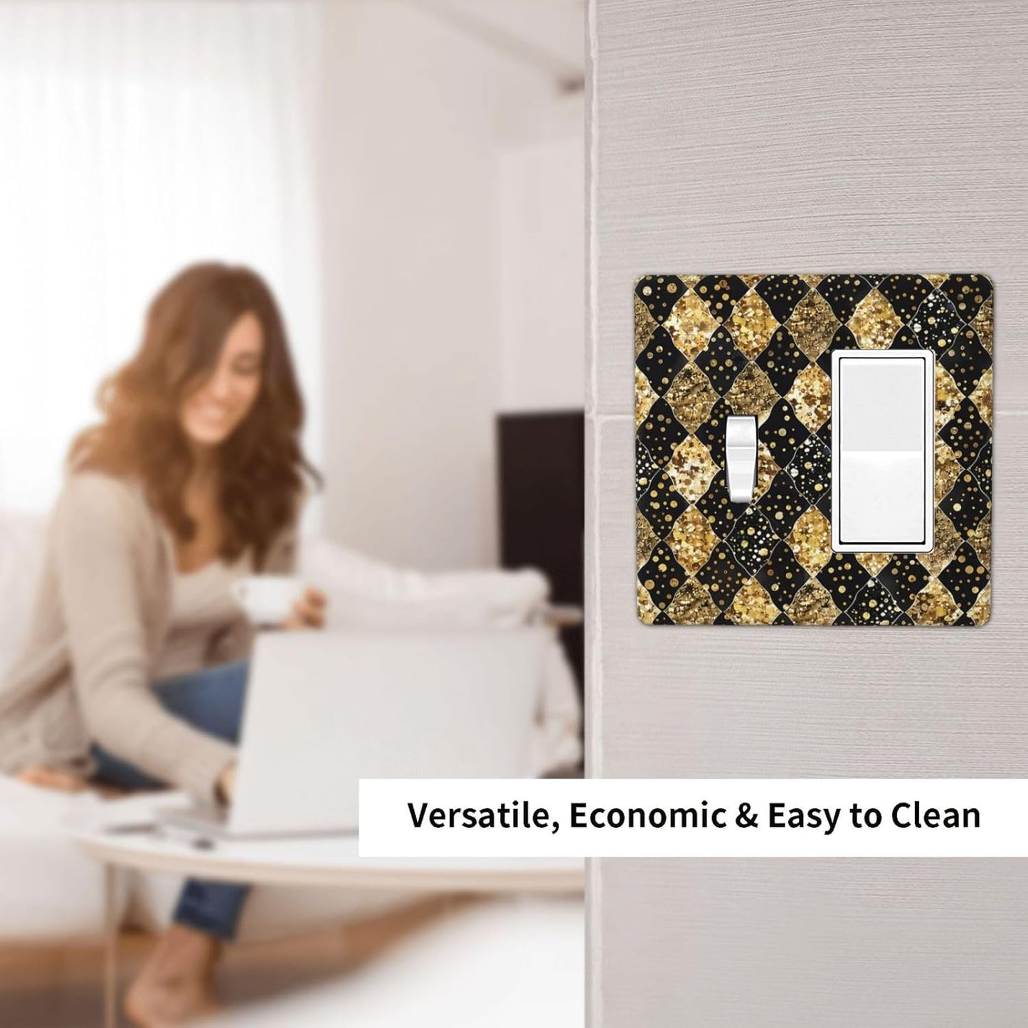 Gold Black Marble Geometric Plaid Glitter Outlet Covers 1 Toggle 1 Rocker Combination Light Switch Cover Plate Decorative Wall Plate Electrical Switch Plates for Bedroom Bathroom Decor