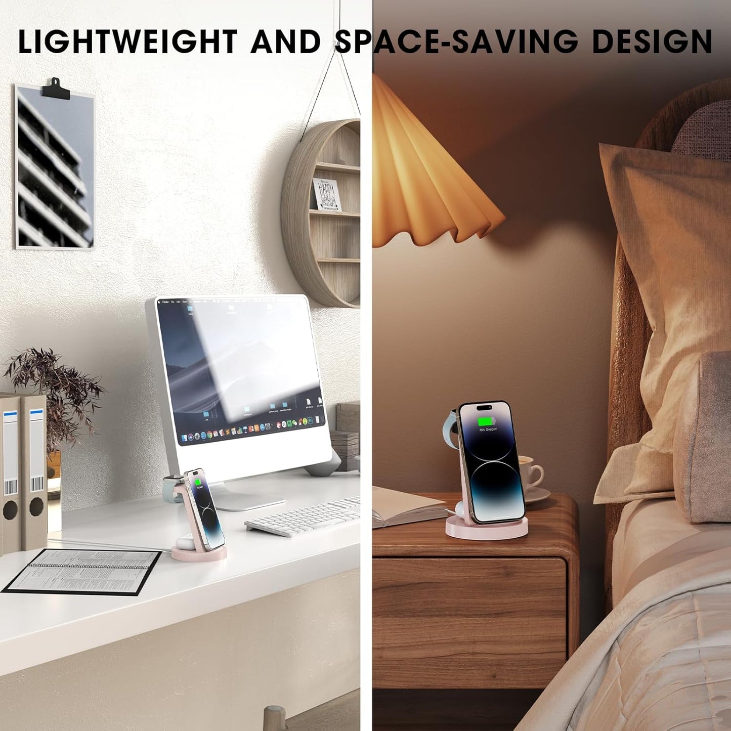 Anlmz 3 in 1 Charging Station for iPhone, Wireless Charger for iPhone 17 16e 16 15 14 13 12 11 X Pro Max & Apple Watch - Charging Stand Dock for AirPods (Pink)