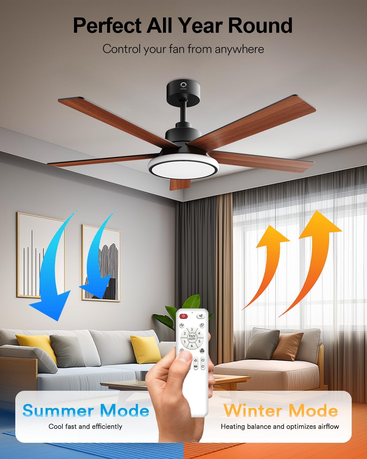 Lumary 52'' Smart Ceiling Fan with RGBAI Lights Remote, WiFi Bluetooth Low Profile Ceiling Fan with Alexa Google App, Dimmable & Color Tuning, 46 Scene, Modern Flush Mount for Bedroom Living Room