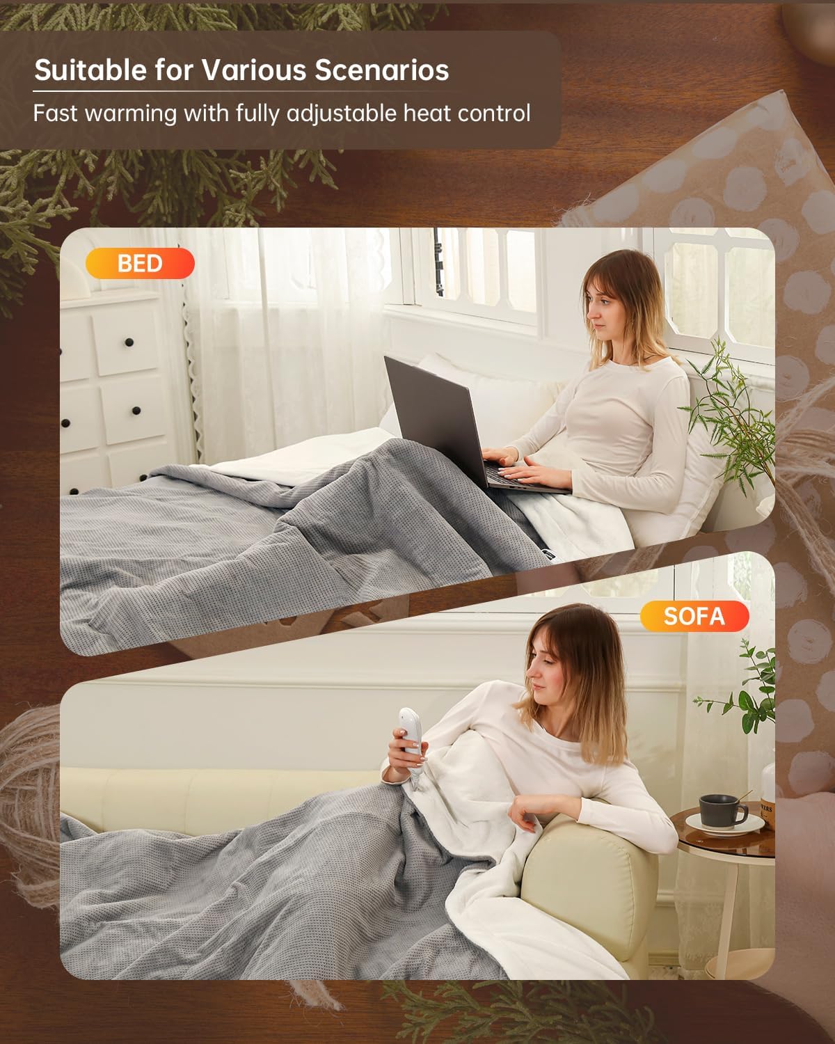 Electric Heated Blanket Throw Size, Washable Blanket Warmer for Home for Adults, Fast Heating, Super Cozy Soft Fabric, 50" x 60", 9 Heat Levels, 1-9H Auto-Off, ETL Certified, Gray