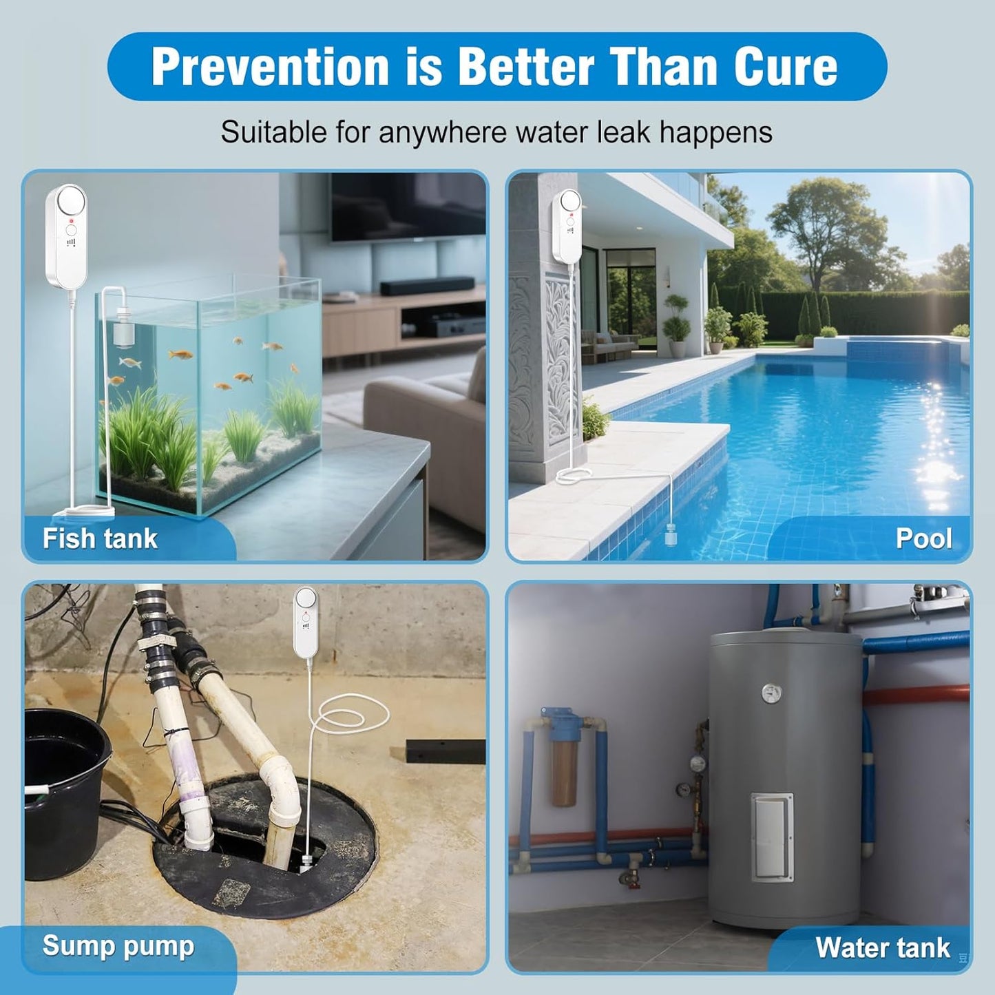 Daytech Water Level Sensor 100 dB Sump Pump Alarm Water Sensors for Leaks with 78 inch Detector Cable and 4 Volume Levels Flood Sensor for Basements(2PC)