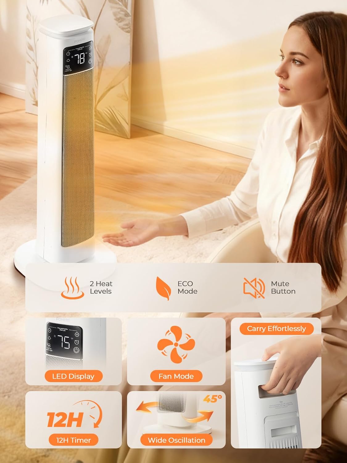 Space Heater for Large Room, FOHERE 24" Electric Heaters for Indoor Use with Thermostat and Remote, 70° Oscillation, 12H Timer, Overheat and Tip-Over Protection, Fan Mode for Home Bedroom Office