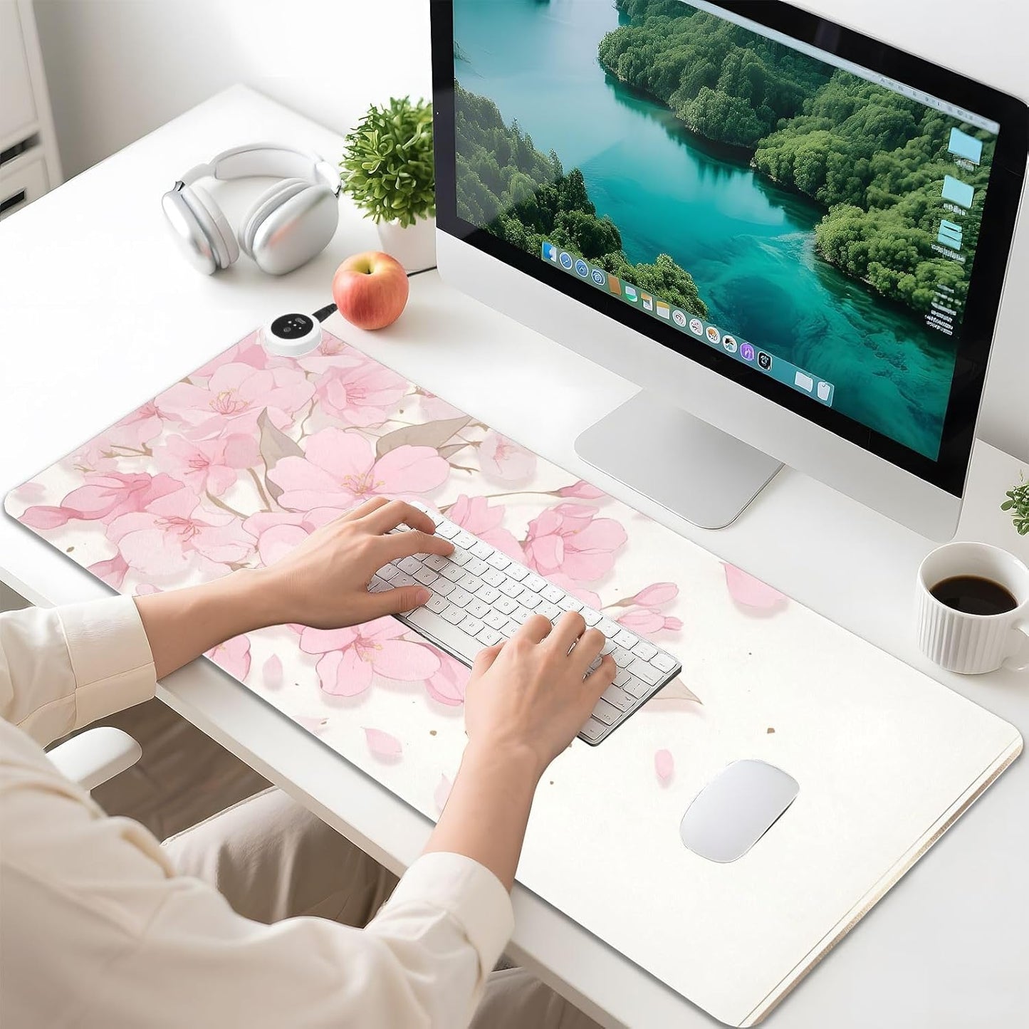 Large Heated Mouse Pad,Leather Desk Mat,31.5"x13",Hand Warmer Pads for Desk,Sakura(Pink White)