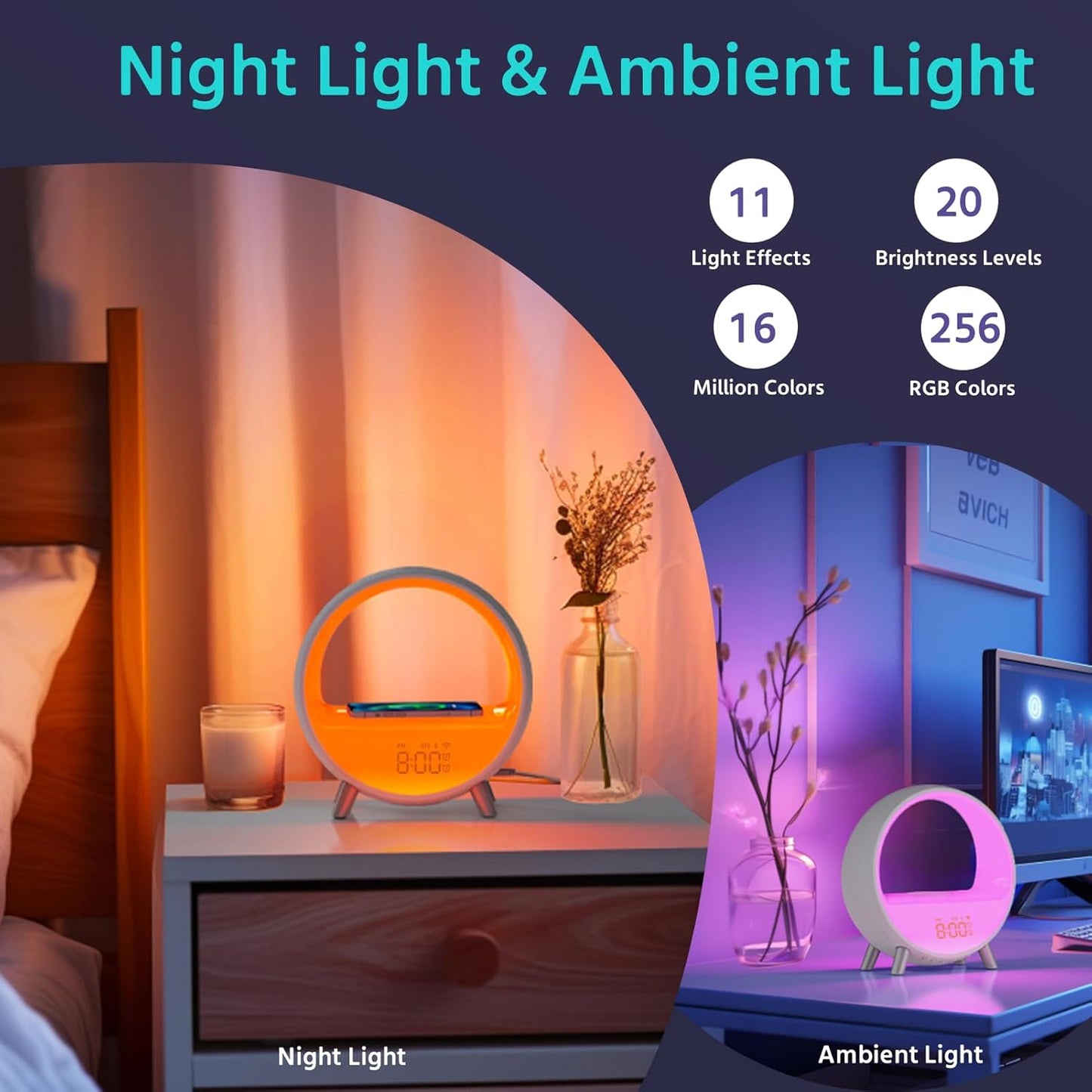 MOMILLA Sunrise Alarm Clocks with Bluetooth Speaker, White Noise Sound Machine with with Wireless Charging Station, 11 Lights Effects Night Light, Wake up Light Sunset Lamp Bedrooms for Adults Kids