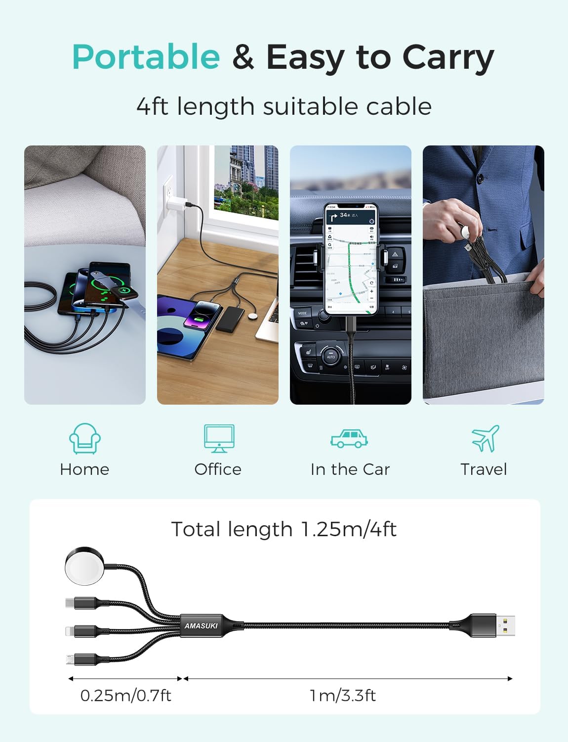 2Pack Multi Charging Cable for Apple Watch Charger 4 in 1 Travel Essentials RV Camping Essentials USB C/L/Micro Compatible with iWatch Series 11-1/iPhone 17/16/15/Android Airplane Gadgets-4FT/Black