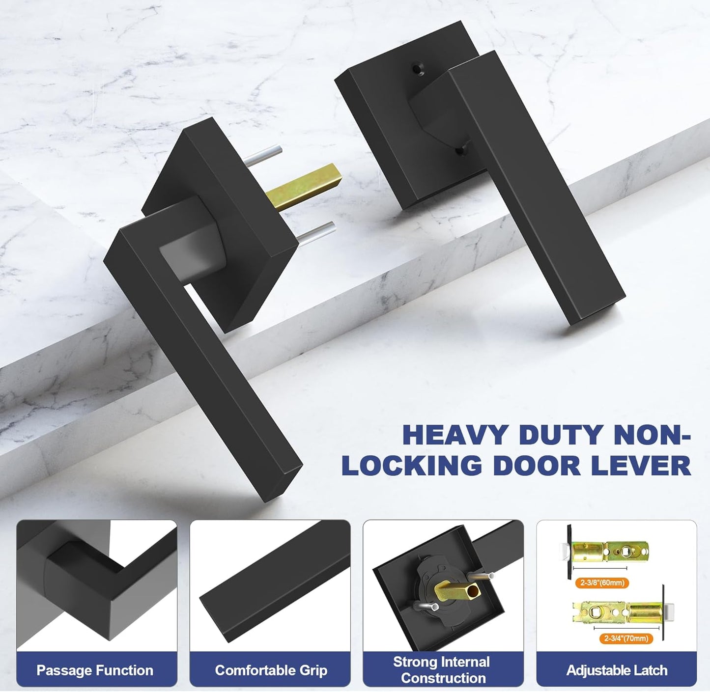 Passage Door Lever, 10 Pack Matte Black Interior Door Handles for Hallway and Closet, Heavy Duty Square Interior Keyless Door Handles Non-Locking Door Knobs for Right & Left Side Door