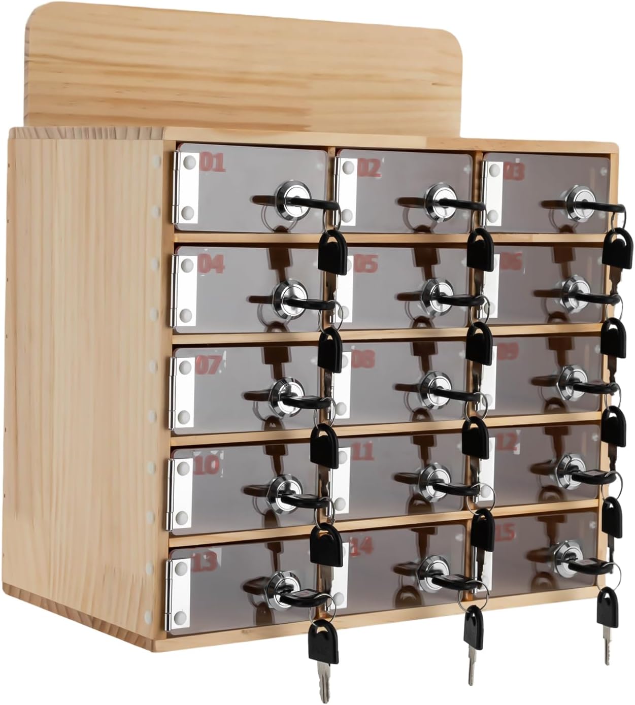 15 Slot Lockable Cell Phone Locker Box, Wall-Mounted/Freestanding Clear Acrylic & Wood Cell Phone Storage Cabinet with Door Locks and Keys for Classroom, Office, and School Employees